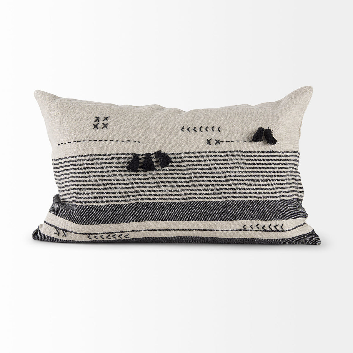 Thalia 13x21 Black and Beige Fabric Striped w/Fringe Pillow Cover w/Non-Allergen Filler, Set of 2