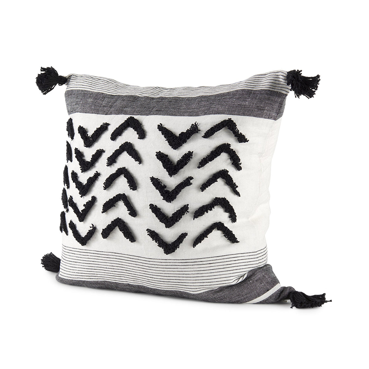 Kimia 20x20 White/Black Fabric Fringed Pillow Cover w/Non-Allergen Filler, Set of 2