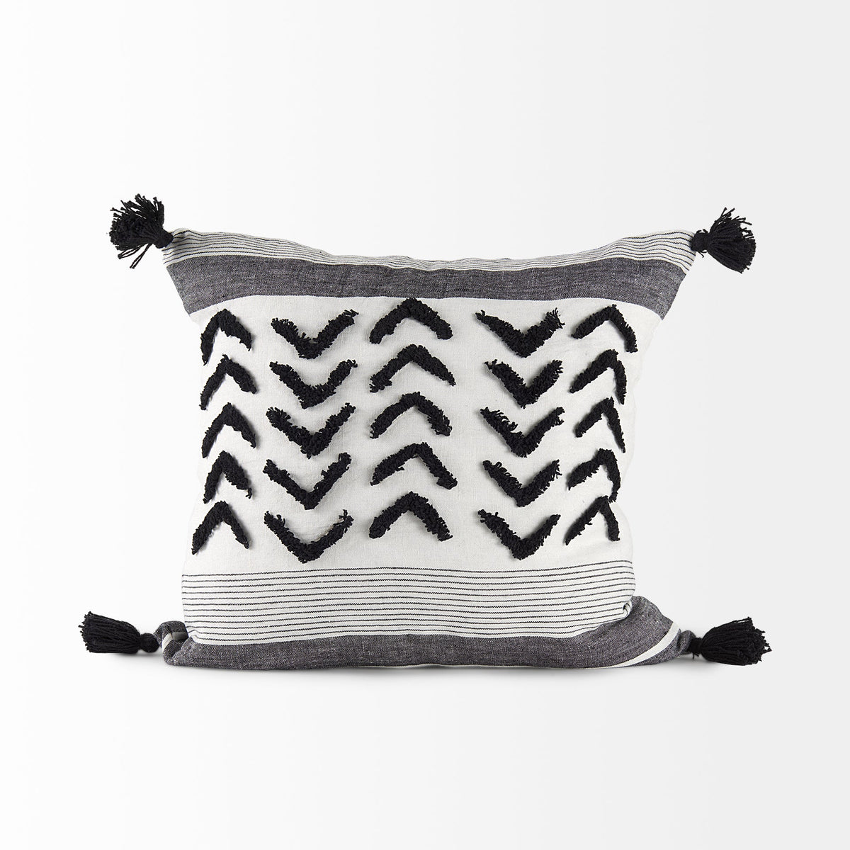 Kimia 20x20 White/Black Fabric Fringed Pillow Cover w/Non-Allergen Filler, Set of 2
