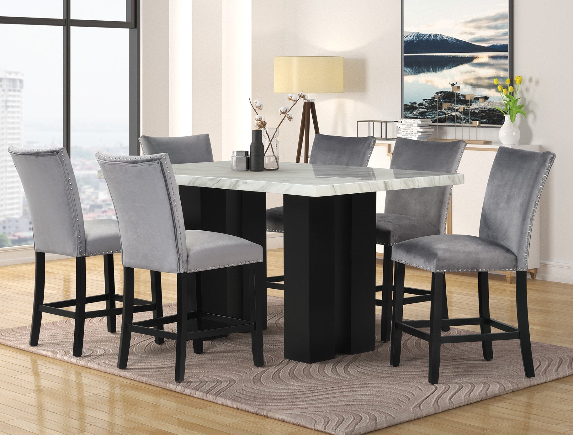 Solna Gray/Black 7-Piece Faux Marble Counter Height Set