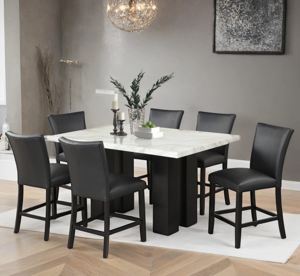 Solna Black/White 7-Piece Faux Marble Counter Height Set