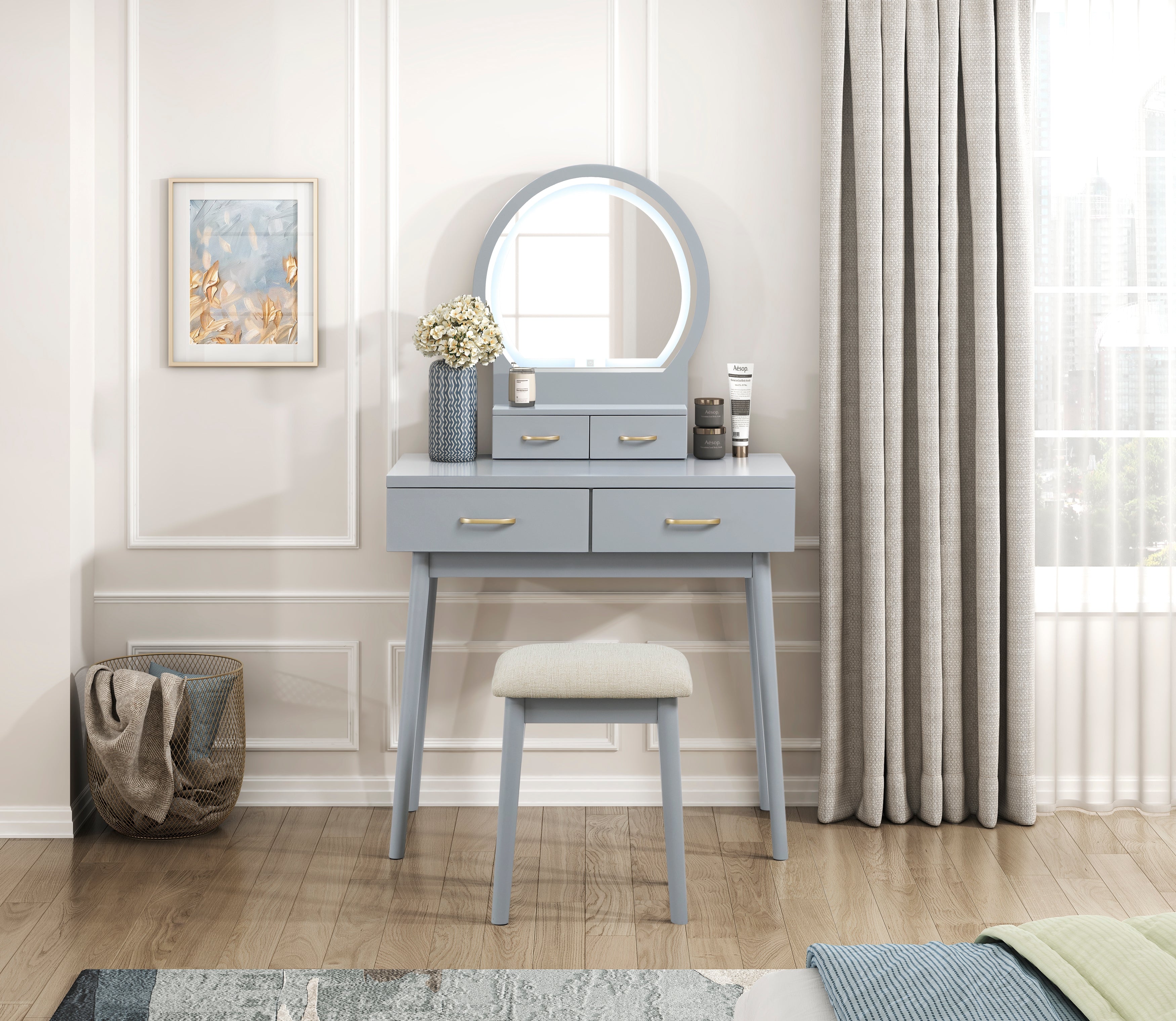 4565GY Vanity Dresser with Mirror and Stool - 4565GY