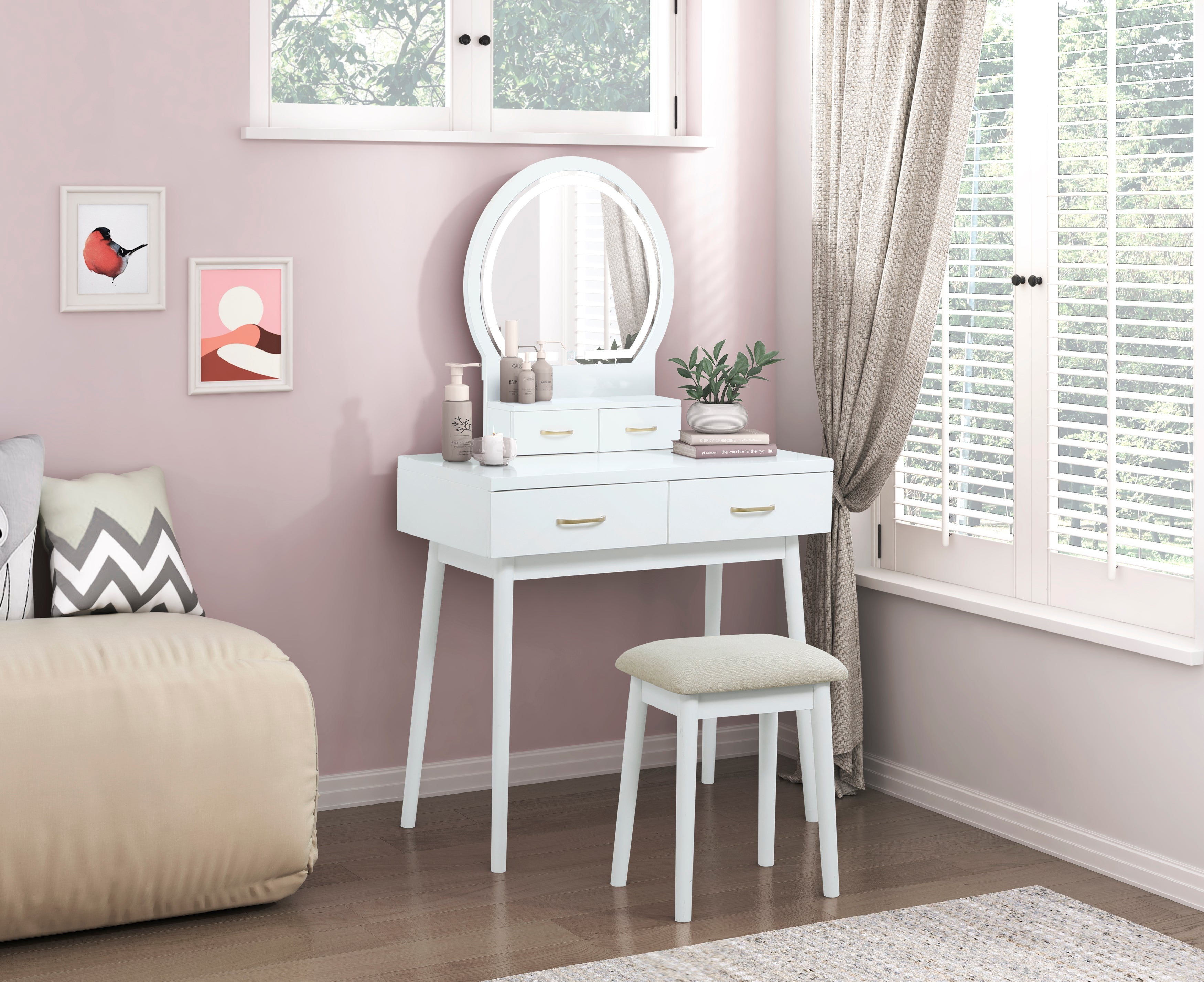 4565WH Vanity Dresser with Mirror and Stool - 4565WH