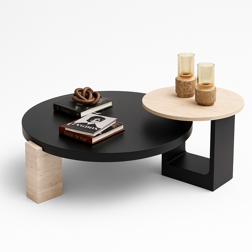 674 Black-Travertine Coffee with End Table - 674-675 BKT-COFEND
