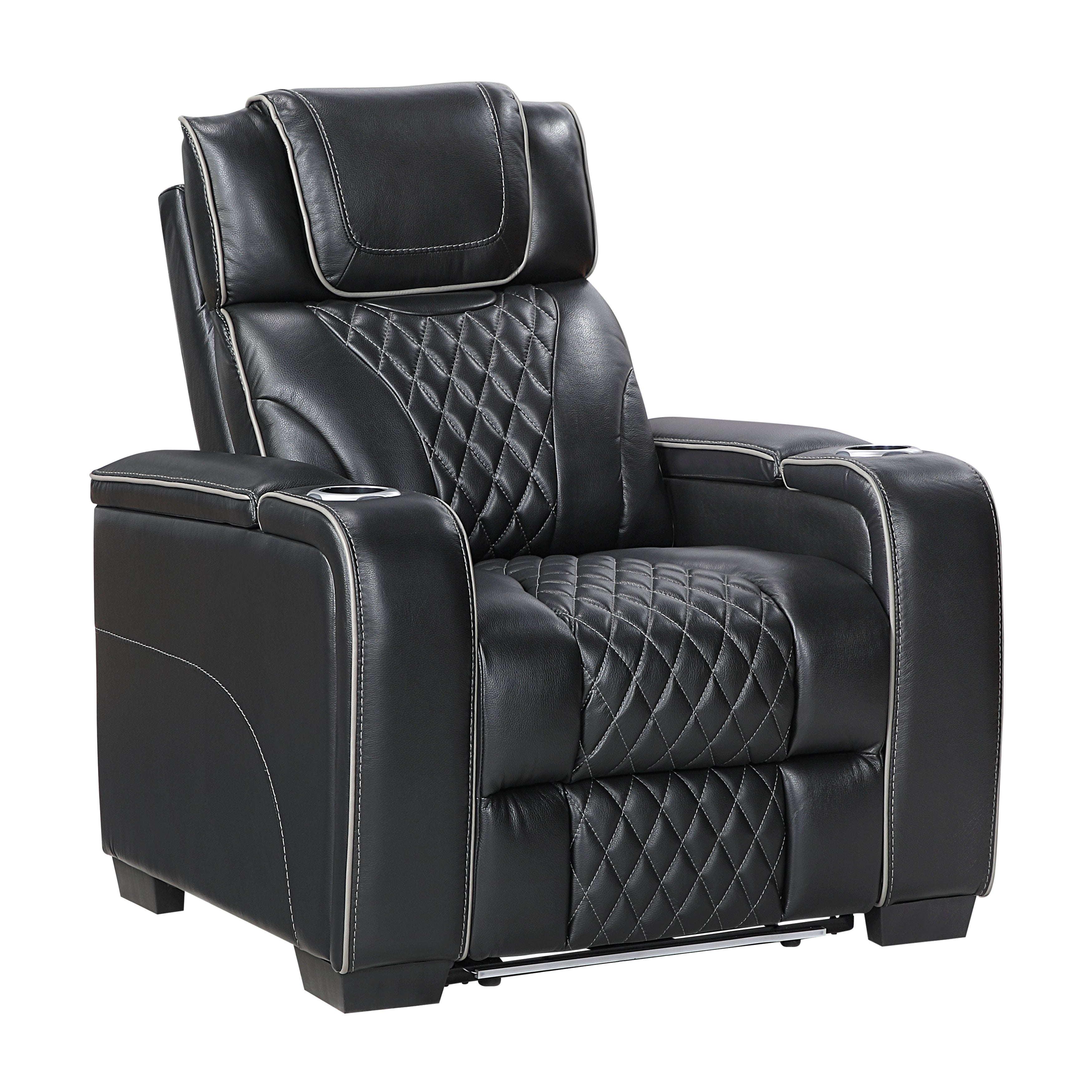 8449BK-1PWHM Power Reclining Chair with Power Headrest, Storage Arms with Cup Holders, Air Massage and Heat, LED Lighting and Charging Ports - 8449BK-1PWHM