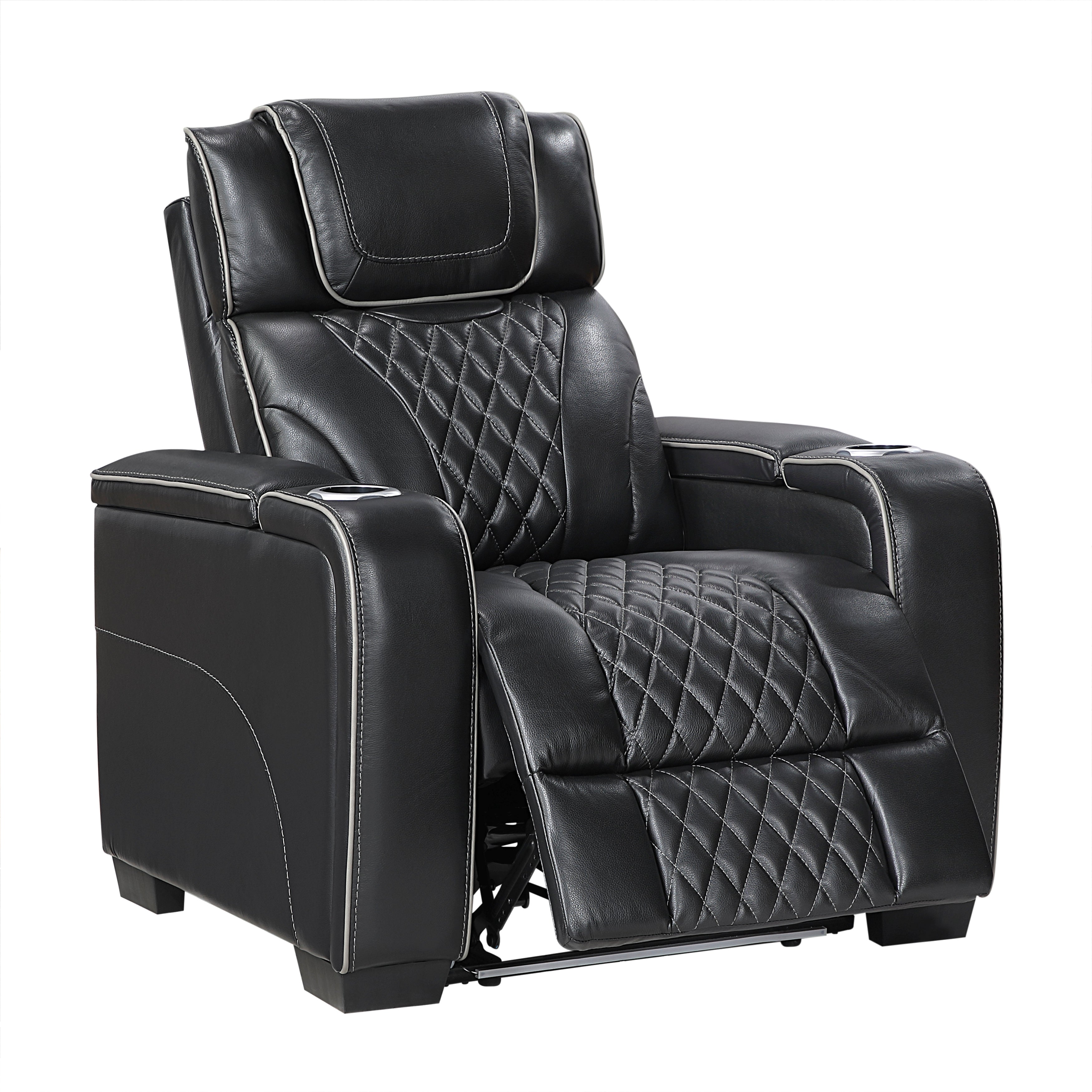 8449BK-1PWHM Power Reclining Chair with Power Headrest, Storage Arms with Cup Holders, Air Massage and Heat, LED Lighting and Charging Ports - 8449BK-1PWHM