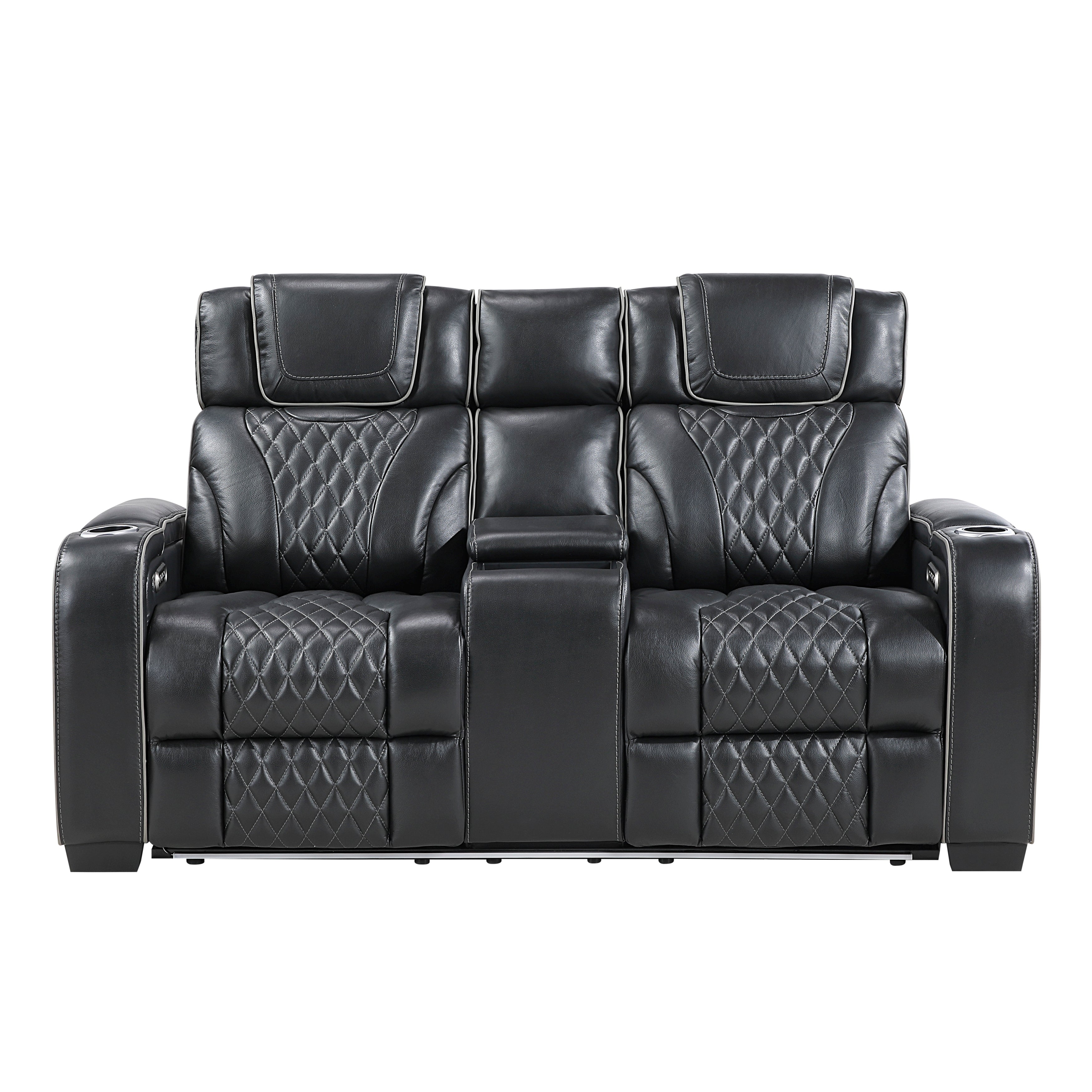 8449BK-2PWHM Power Double Reclining Love Seat with Center Console, Power Headrests, Storage Arms with Cup Holders, Wireless charger, Air Massage and Heat, LED Lighting and Charging Ports - 8449BK-2PWHM