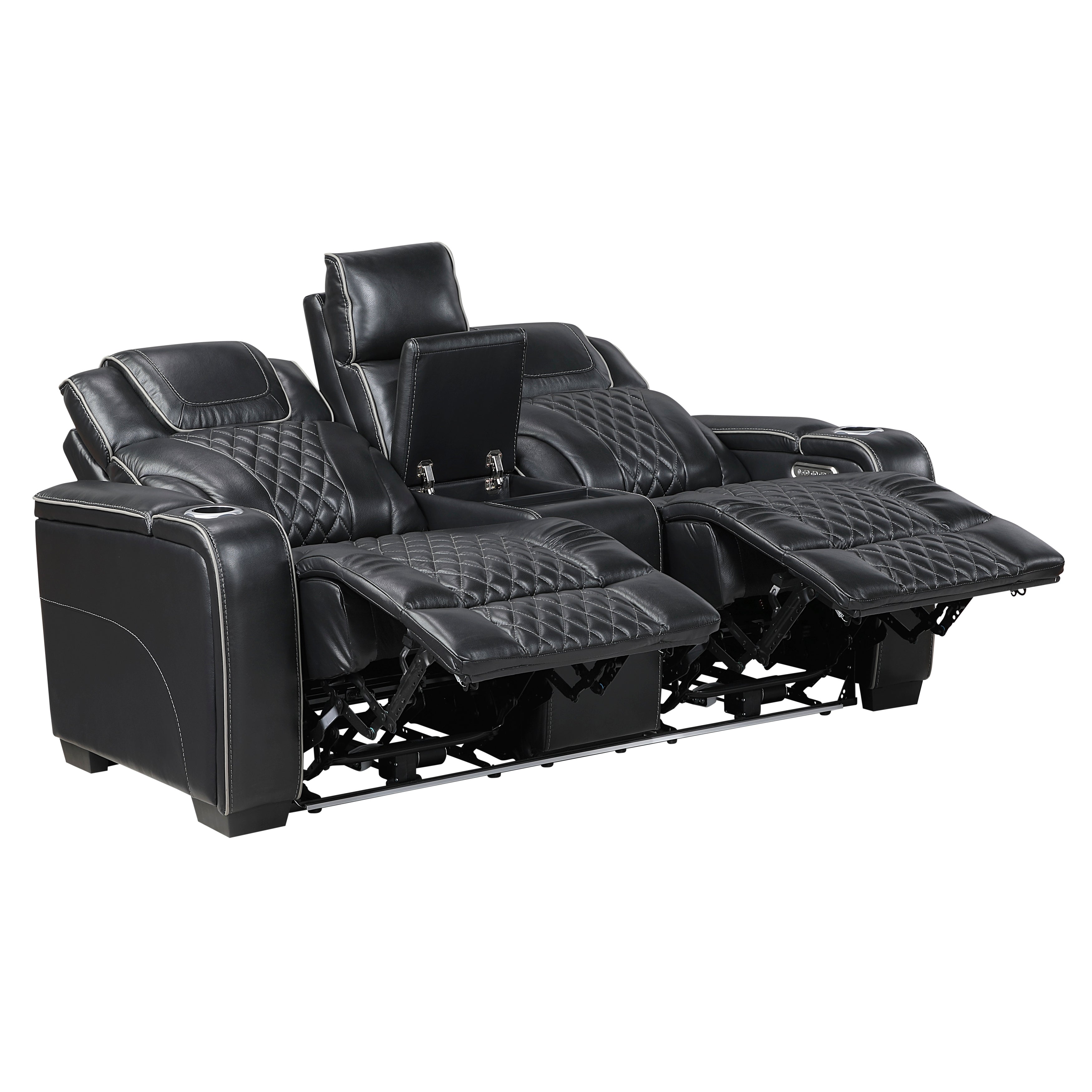 8449BK-2PWHM Power Double Reclining Love Seat with Center Console, Power Headrests, Storage Arms with Cup Holders, Wireless charger, Air Massage and Heat, LED Lighting and Charging Ports - 8449BK-2PWHM