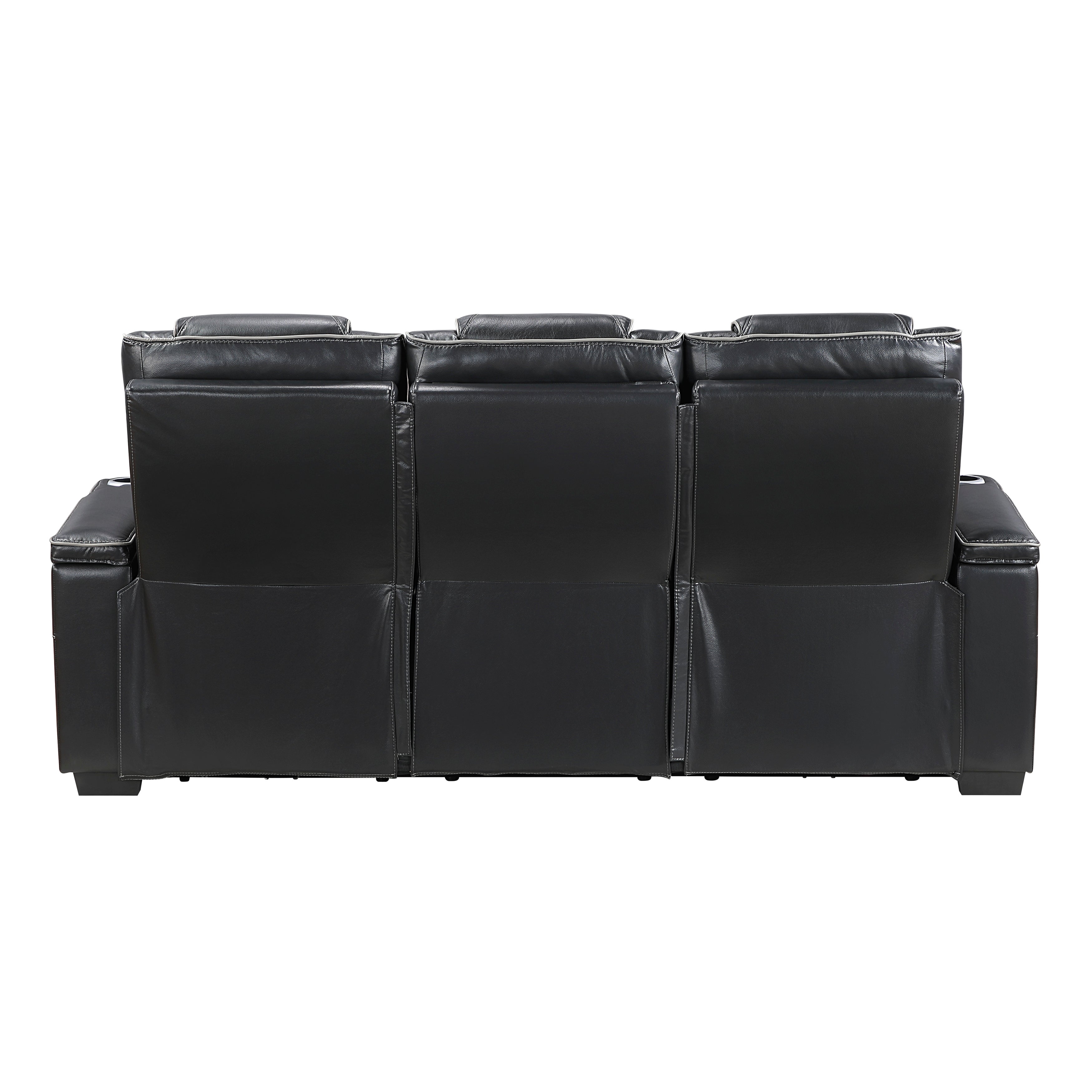 8449BK-3PWHM Power Double Reclining Sofa with Center Drop-Down Cup Holders, Power Headrests, Storage Arms with Cup holders, Reading Lights, Wireless Charger, Air Massage and Heat, LED Lighting and Charging Ports - 8449BK-3PWHM