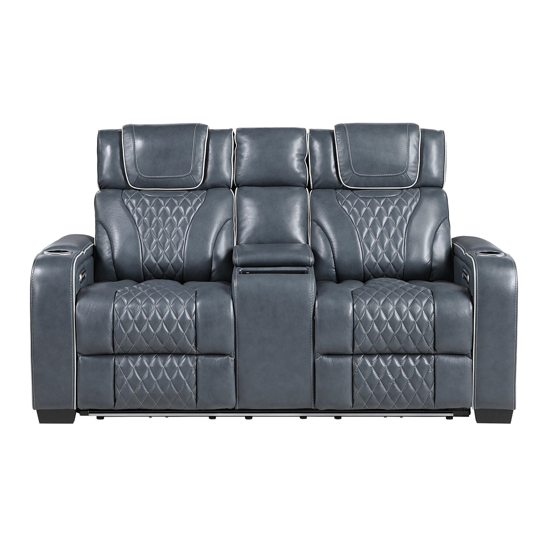8449BU-2PWHM Power Double Reclining Love Seat with Center Console, Power Headrests, Storage Arms with Cup Holders, Wireless charger, Air Massage and Heat, LED Lighting and Charging Ports - 8449BU-2PWHM