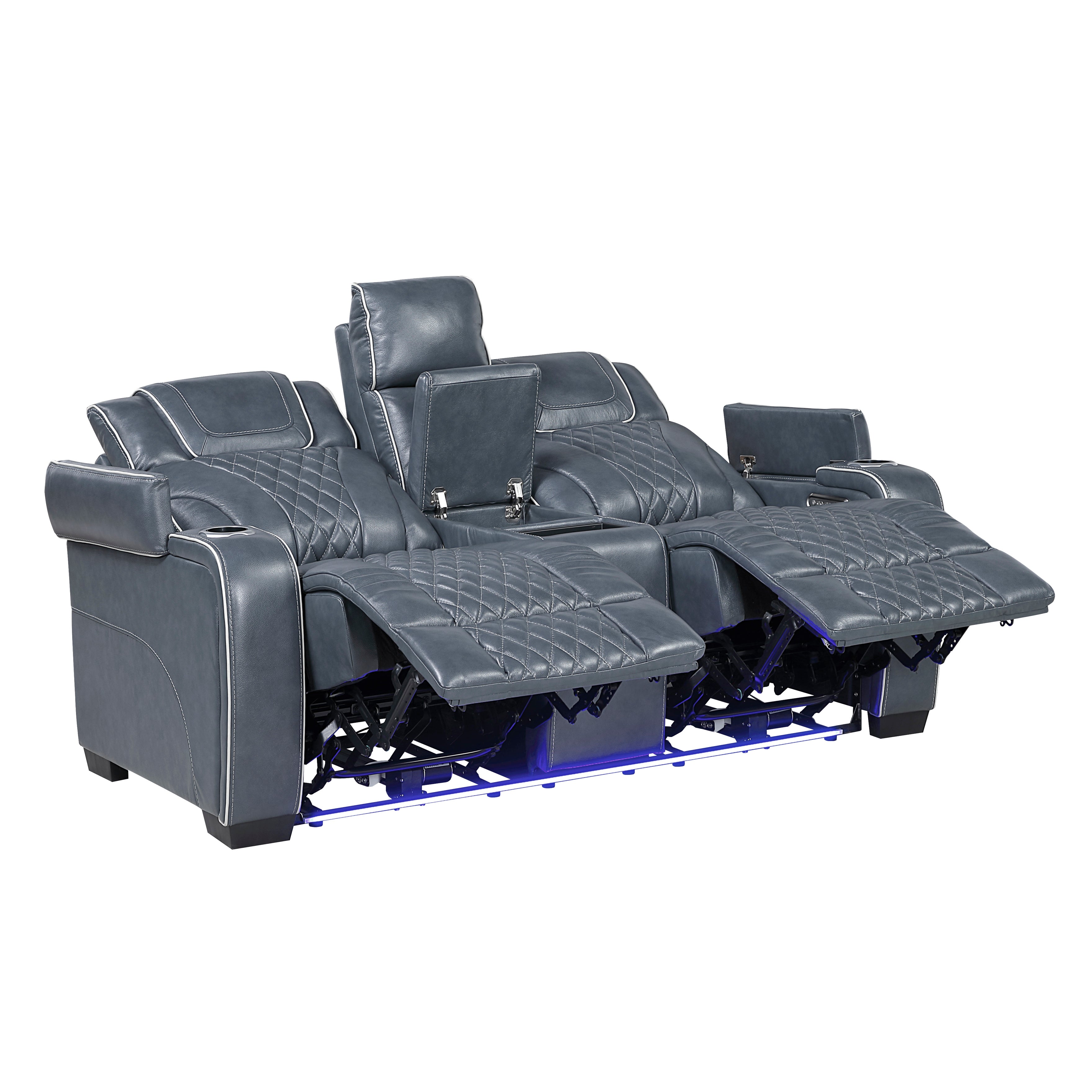 8449BU-2PWHM Power Double Reclining Love Seat with Center Console, Power Headrests, Storage Arms with Cup Holders, Wireless charger, Air Massage and Heat, LED Lighting and Charging Ports - 8449BU-2PWHM