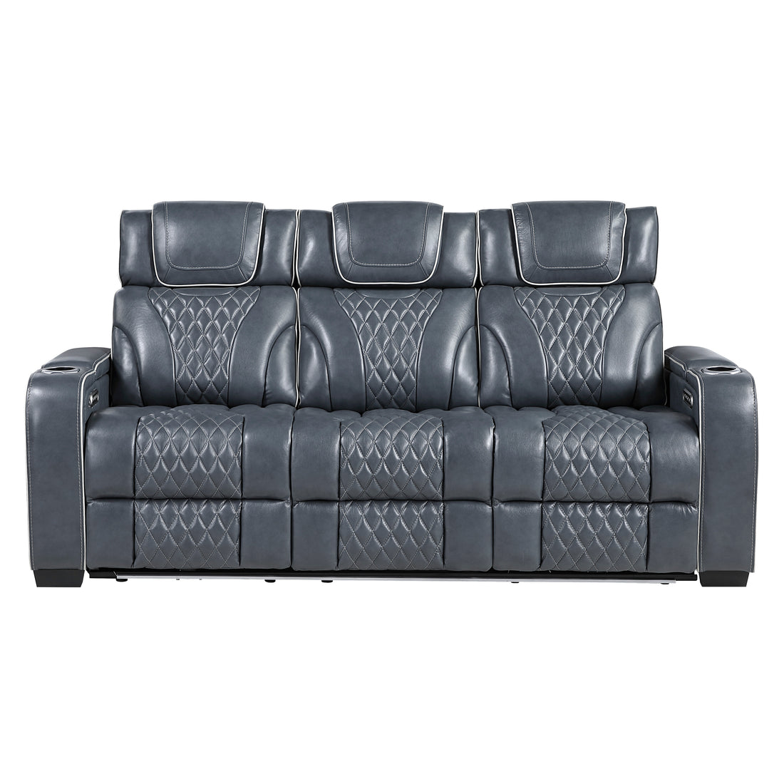 8449BU-3PWHM Power Double Reclining Sofa with Center Drop-Down Cup Holders, Power Headrests, Storage Arms with Cup holders, Reading Lights, Wireless Charger, Air Massage and Heat, LED Lighting and Charging Ports - 8449BU-3PWHM