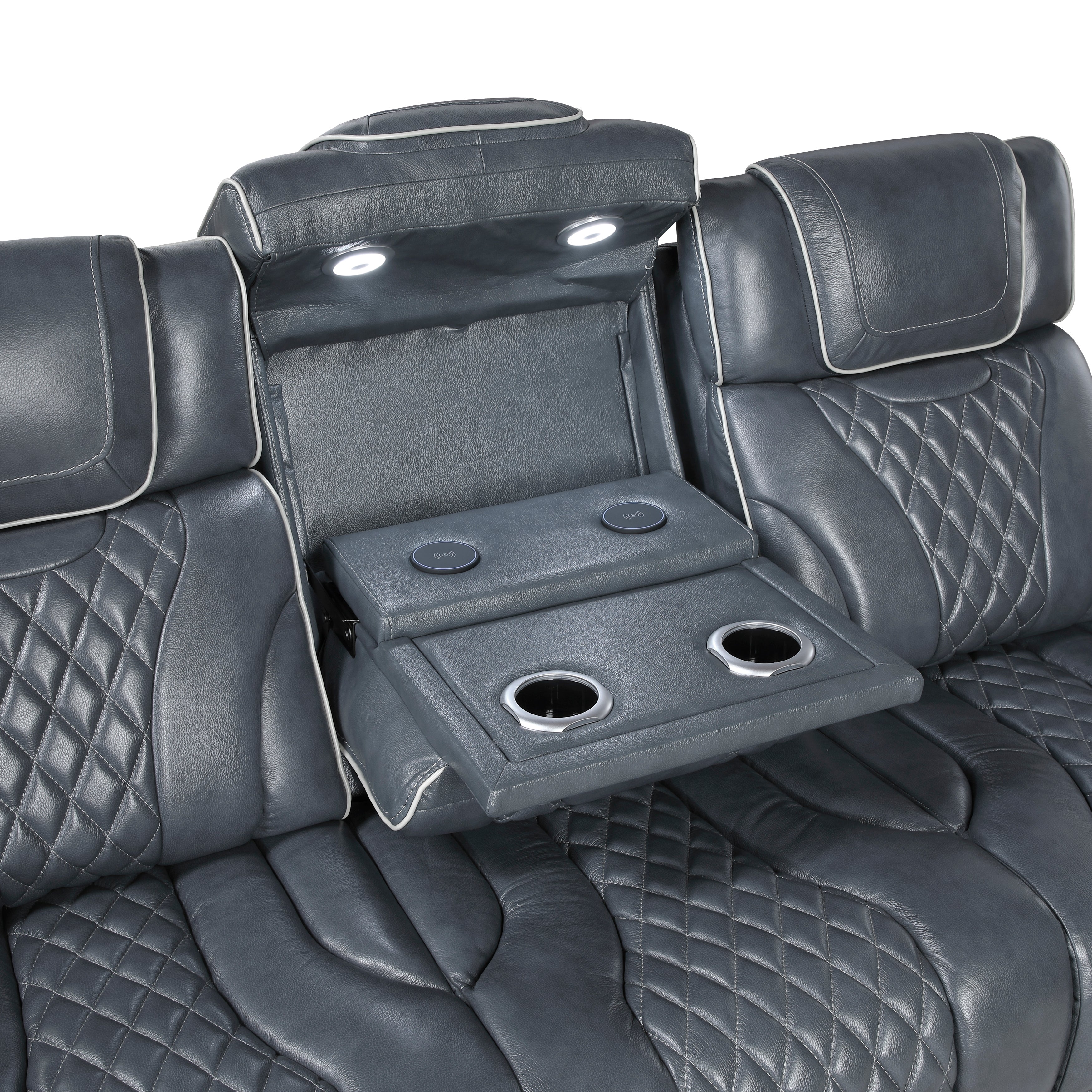 8449BU-3PWHM Power Double Reclining Sofa with Center Drop-Down Cup Holders, Power Headrests, Storage Arms with Cup holders, Reading Lights, Wireless Charger, Air Massage and Heat, LED Lighting and Charging Ports - 8449BU-3PWHM