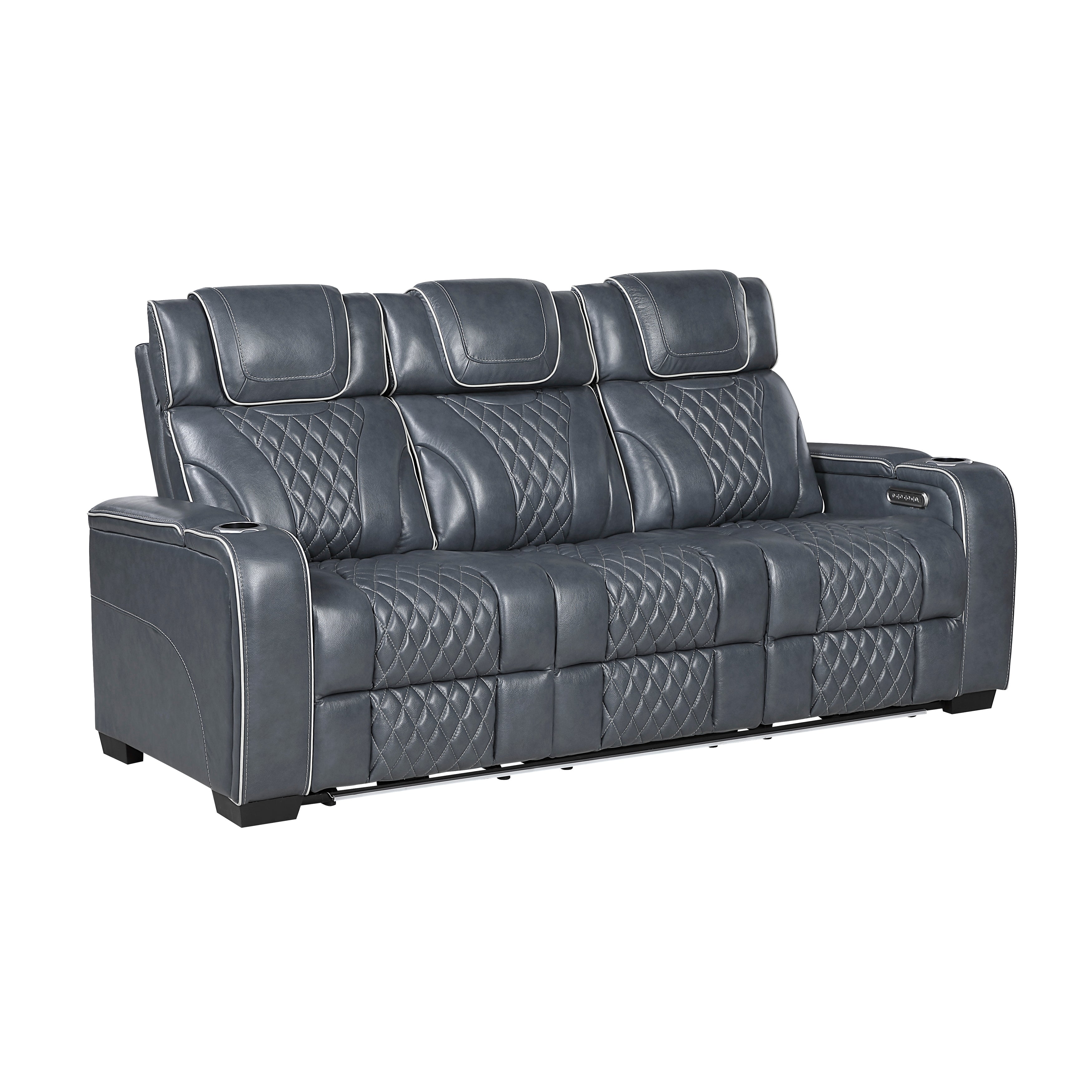 8449BU-3PWHM Power Double Reclining Sofa with Center Drop-Down Cup Holders, Power Headrests, Storage Arms with Cup holders, Reading Lights, Wireless Charger, Air Massage and Heat, LED Lighting and Charging Ports - 8449BU-3PWHM