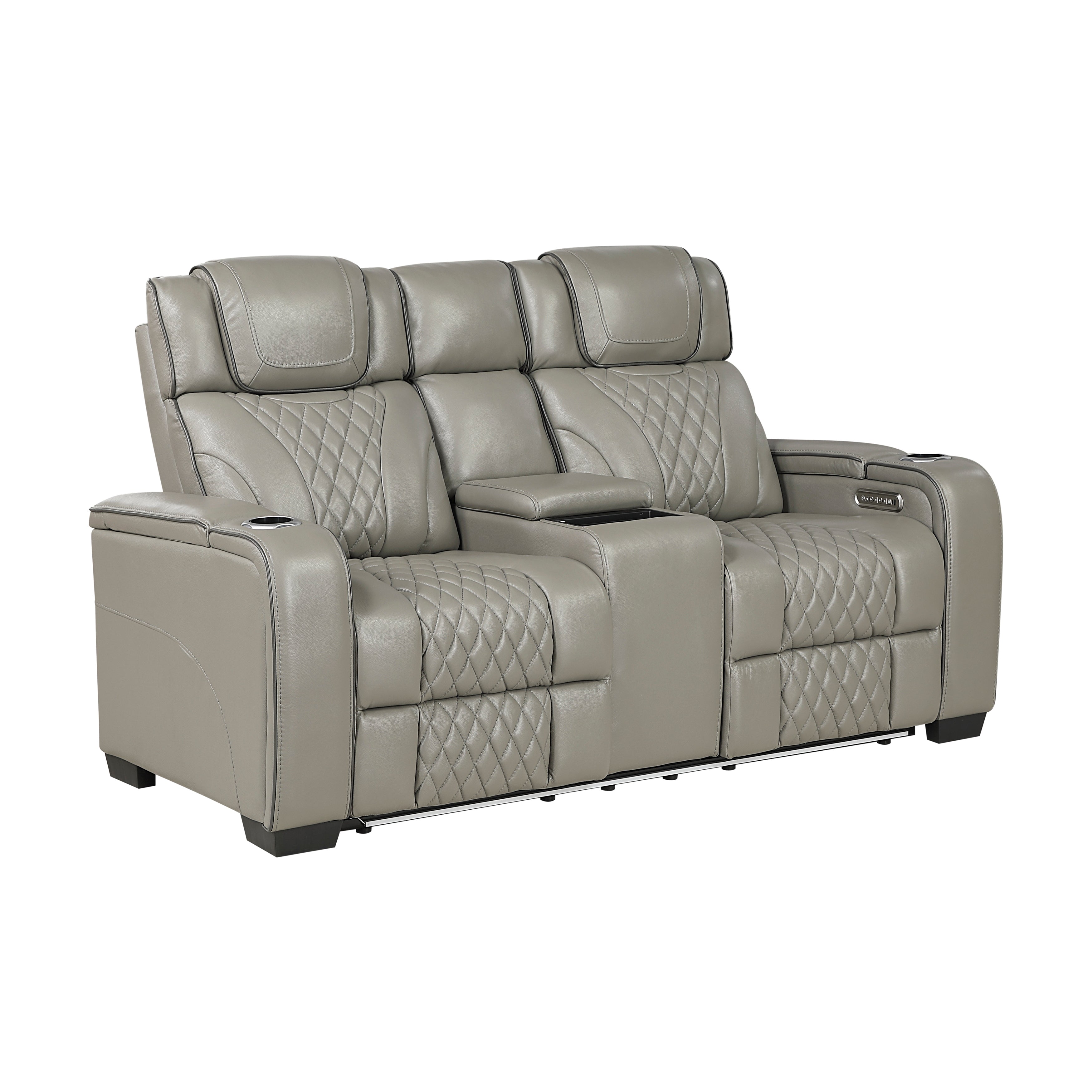 8449GY-2PWHM Power Double Reclining Love Seat with Center Console, Power Headrests, Storage Arms with Cup Holders, Wireless charger, Air Massage and Heat, LED Lighting and Charging Ports - 8449GY-2PWHM