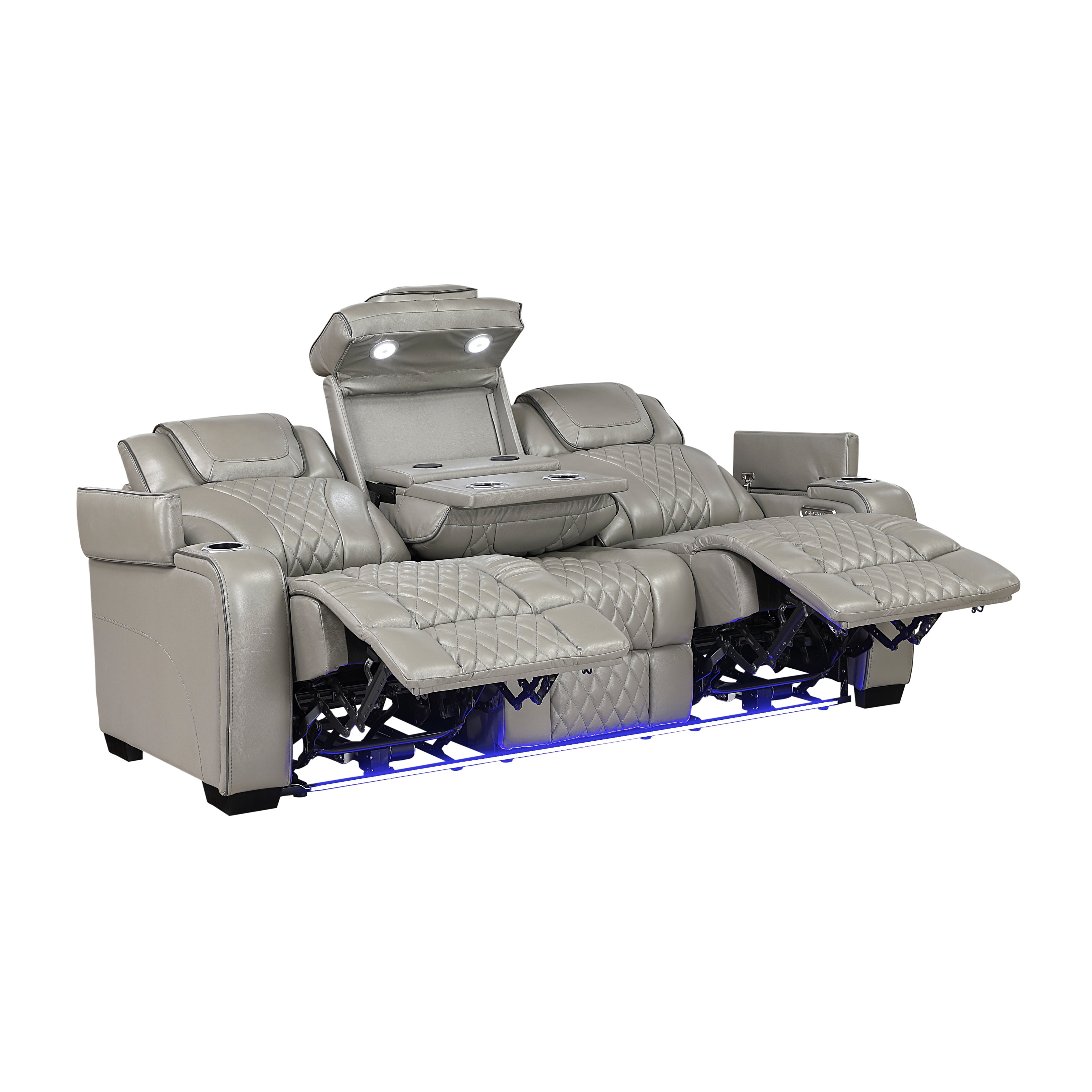 8449GY-3PWHM Power Double Reclining Sofa with Center Drop-Down Cup Holders, Power Headrests, Storage Arms with Cup holders, Reading Lights, Wireless Charger, Air Massage and Heat, LED Lighting and Charging Ports - 8449GY-3PWHM