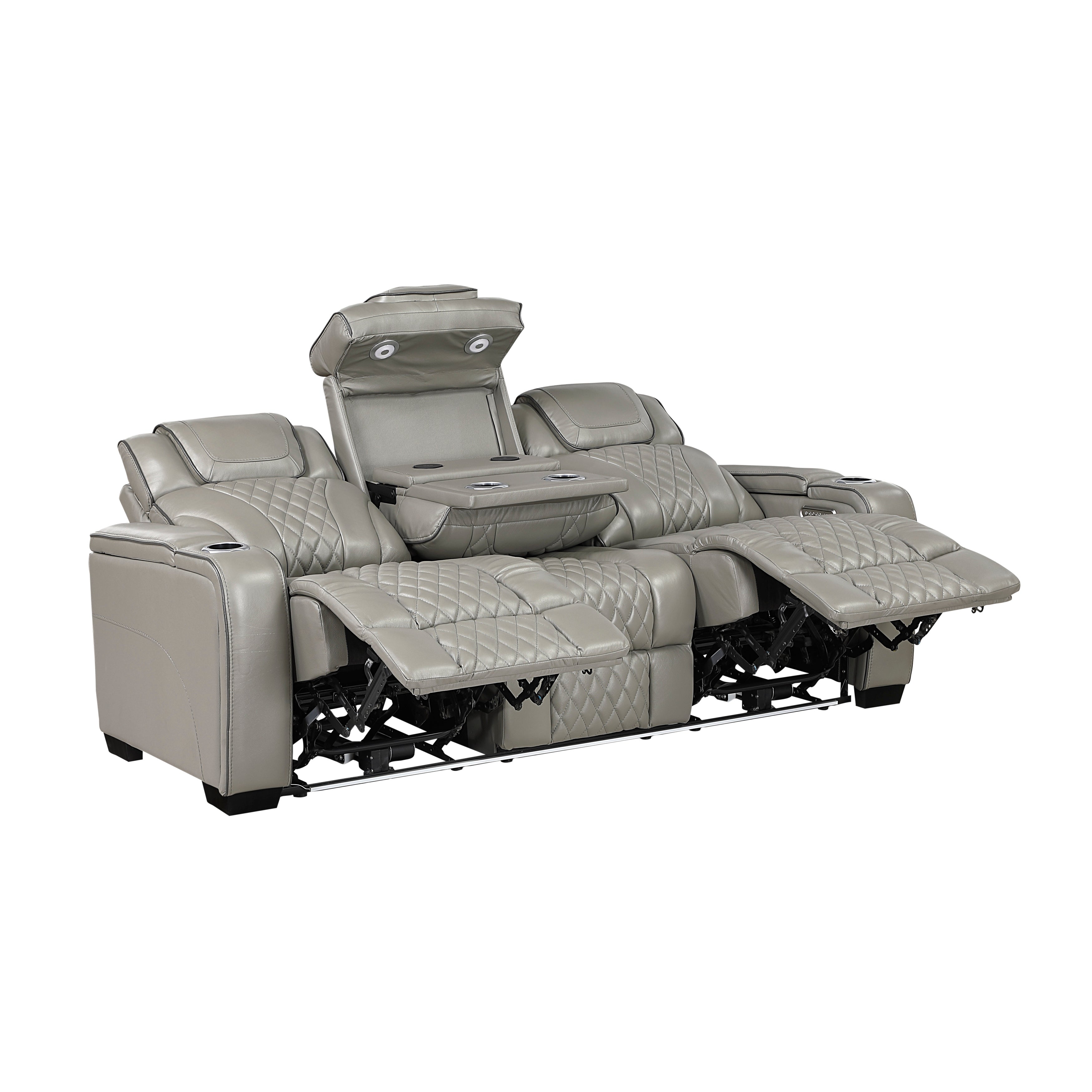 8449GY-3PWHM Power Double Reclining Sofa with Center Drop-Down Cup Holders, Power Headrests, Storage Arms with Cup holders, Reading Lights, Wireless Charger, Air Massage and Heat, LED Lighting and Charging Ports - 8449GY-3PWHM