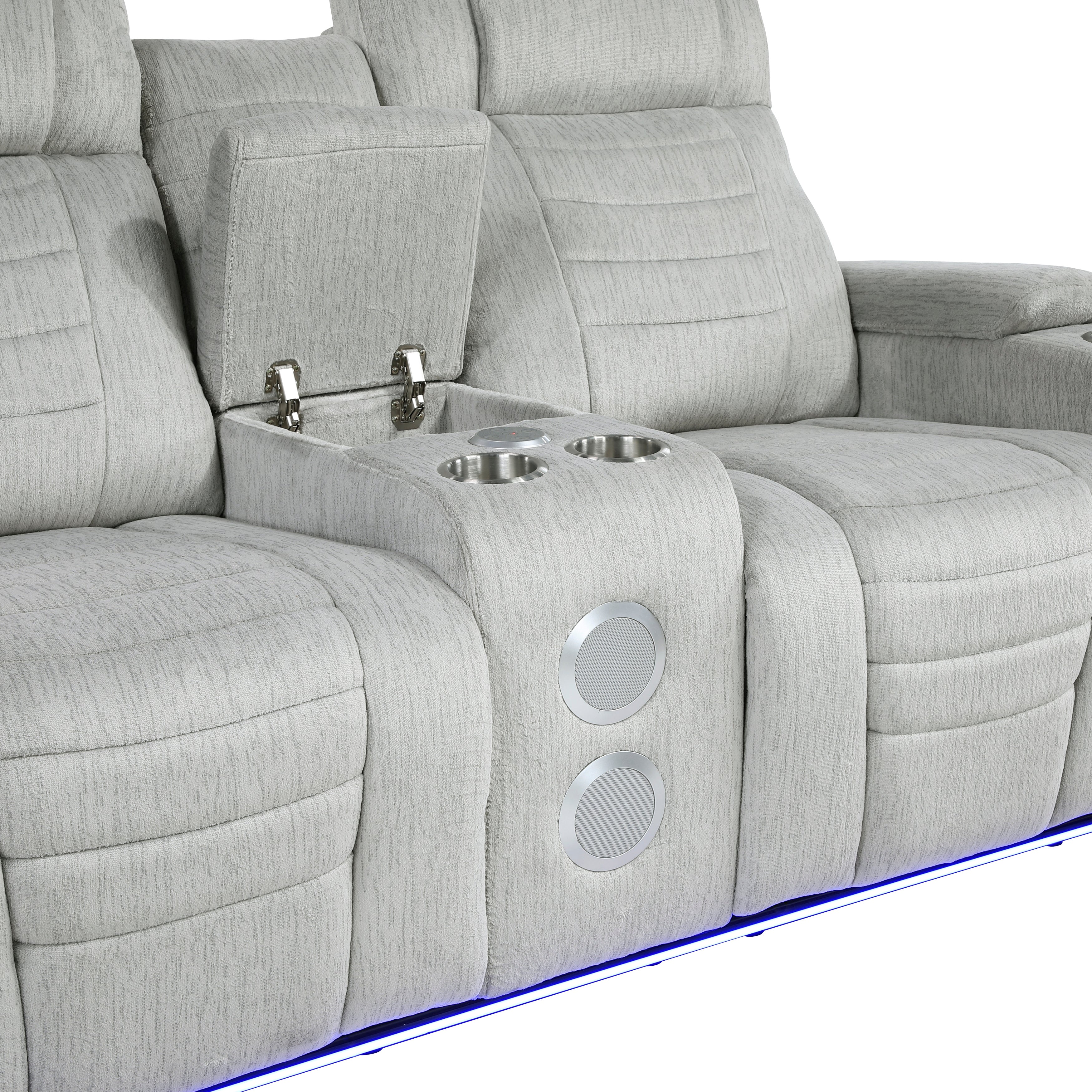 8455GRY-2 Double Reclining Love Seat with Center Console, Wireless Speakers, Storage Arms, Cup holders and LED - 8455GRY-2
