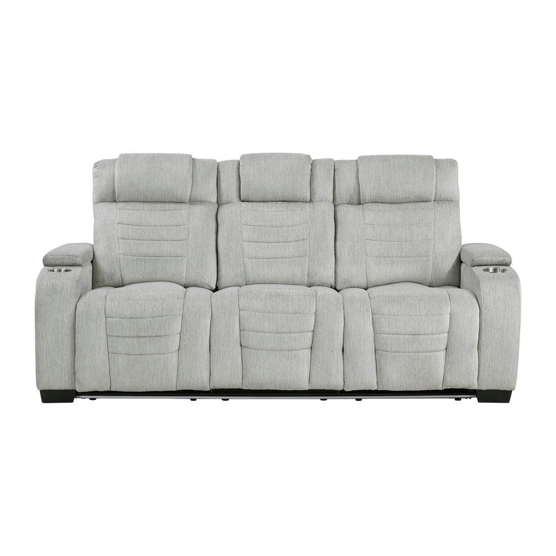 8455GRY-3 Double Reclining Sofa with Center Drop-Down Cup Holders, Storage Arms, Cup Holders, Reading Lights, Magazine Bag, Receptacles, Charging Ports and LED - 8455GRY-3
