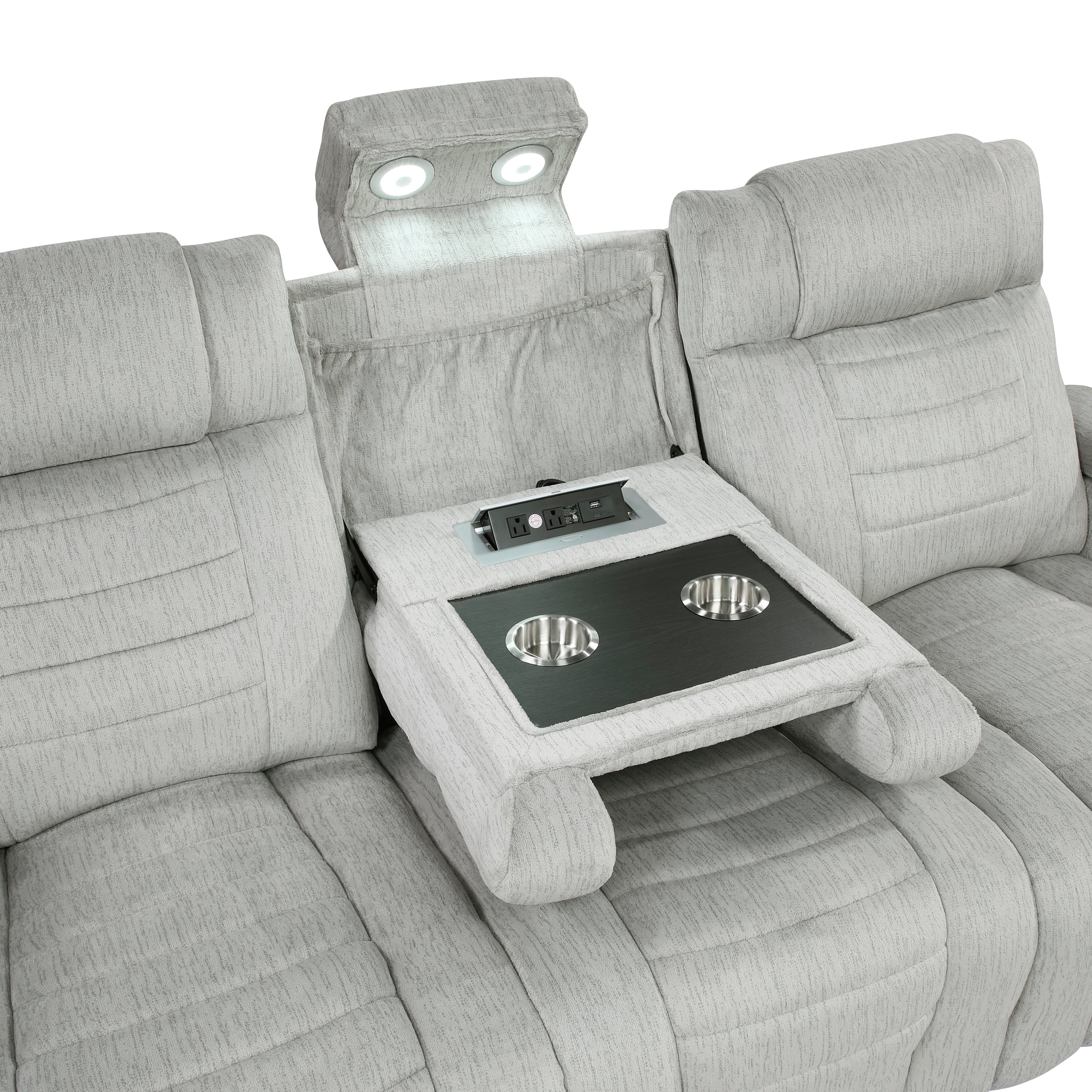 8455GRY-3 Double Reclining Sofa with Center Drop-Down Cup Holders, Storage Arms, Cup Holders, Reading Lights, Magazine Bag, Receptacles, Charging Ports and LED - 8455GRY-3