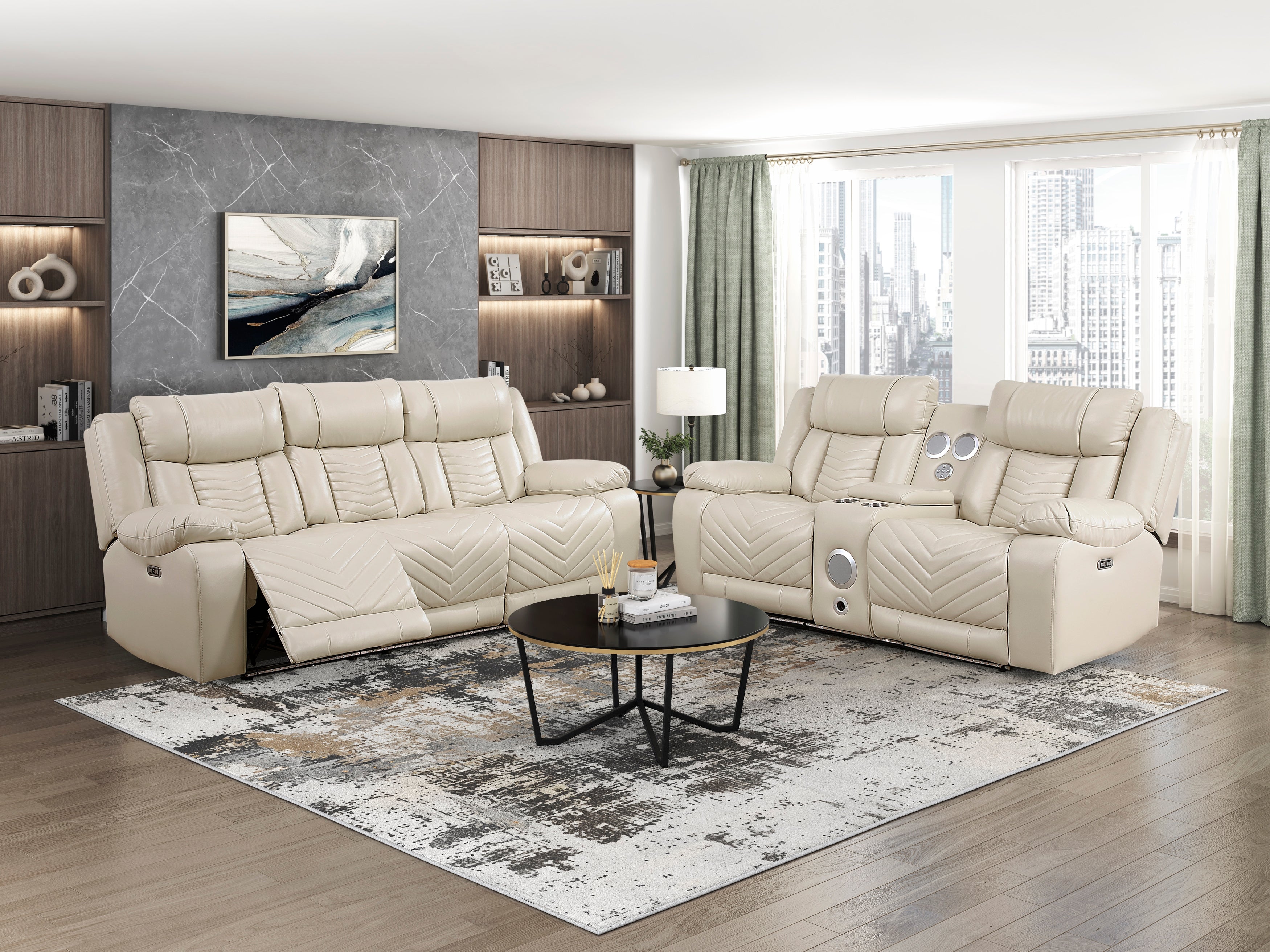 8457BEG-2PW Power Double Reclining Love Seat with Center Console, Wireless Speakers, LED and Charging Ports - 8457BEG-2PW