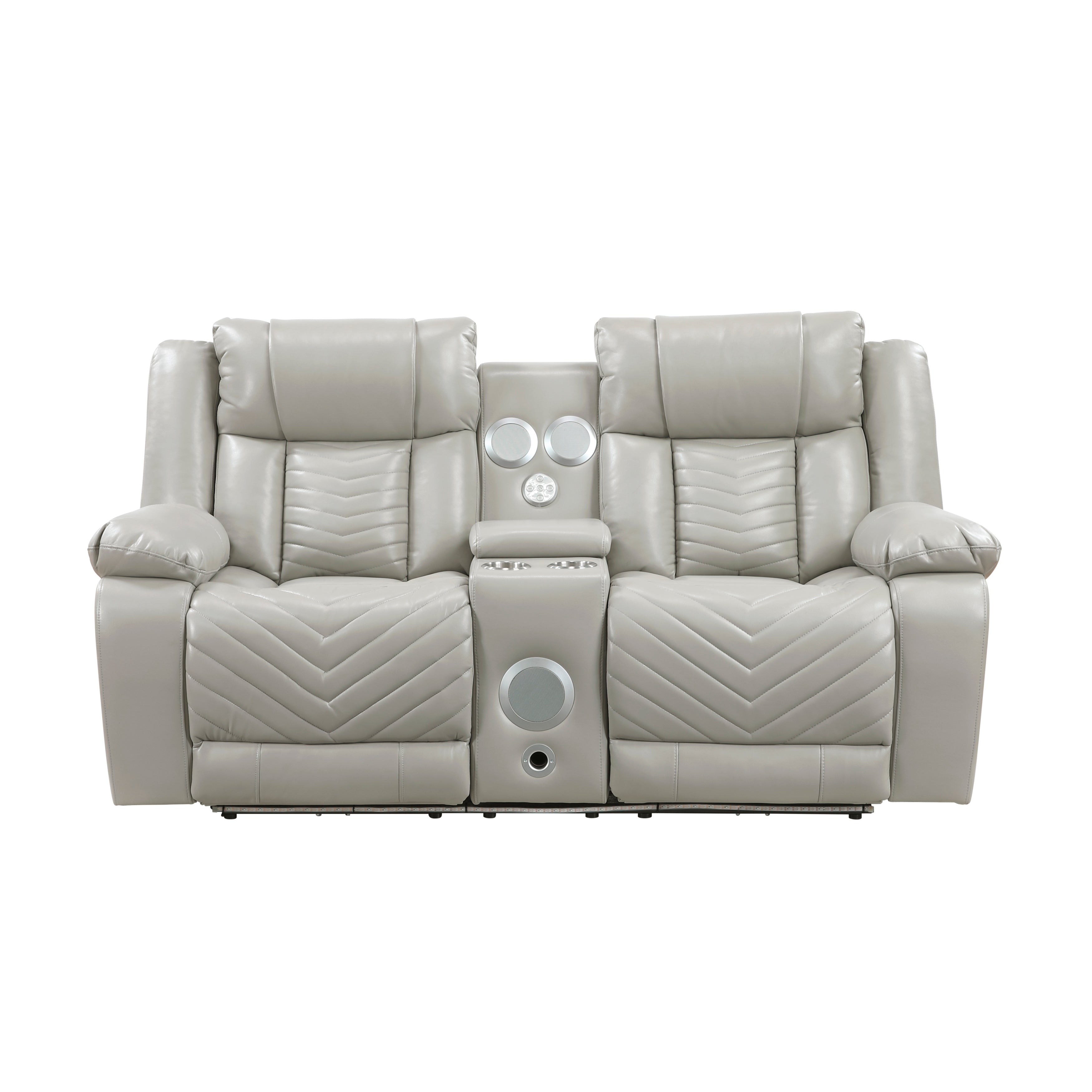 8457GRY-2PW Power Double Reclining Love Seat with Center Console, Wireless Speakers, LED and Charging Ports - 8457GRY-2PW