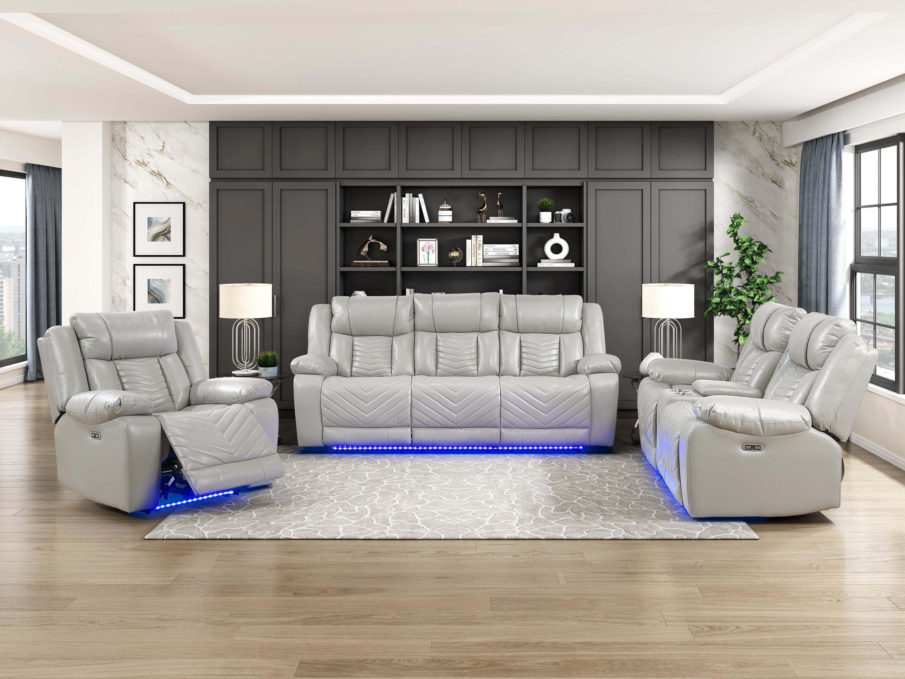 8457GRY-2PW Power Double Reclining Love Seat with Center Console, Wireless Speakers, LED and Charging Ports - 8457GRY-2PW