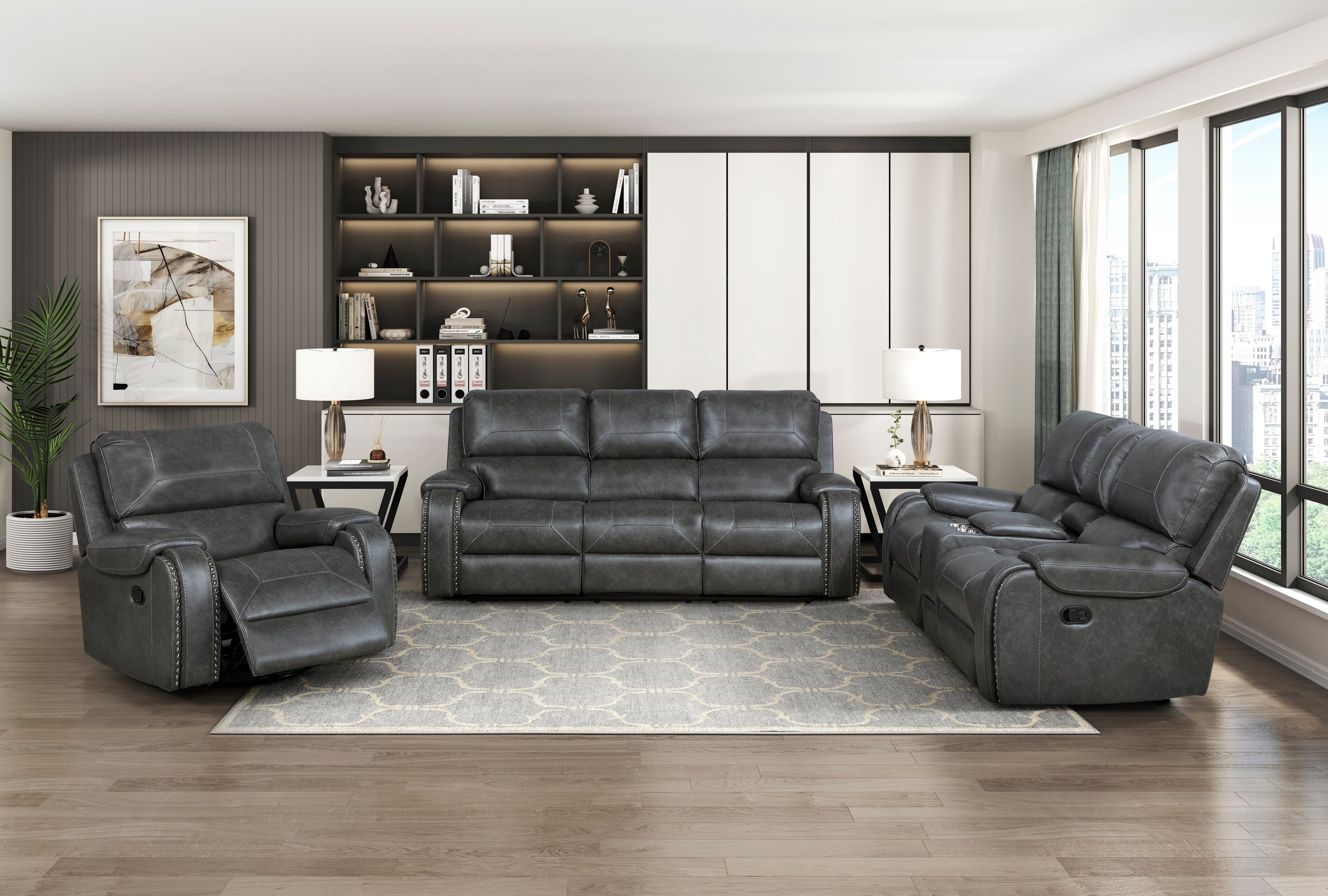 8549GRY-2 DOUBLE GLIDER RECLINING LOVE SEAT WITH CENTER CONSOLE, RECEPTACLES AND USB PORTS - 8549GRY-2