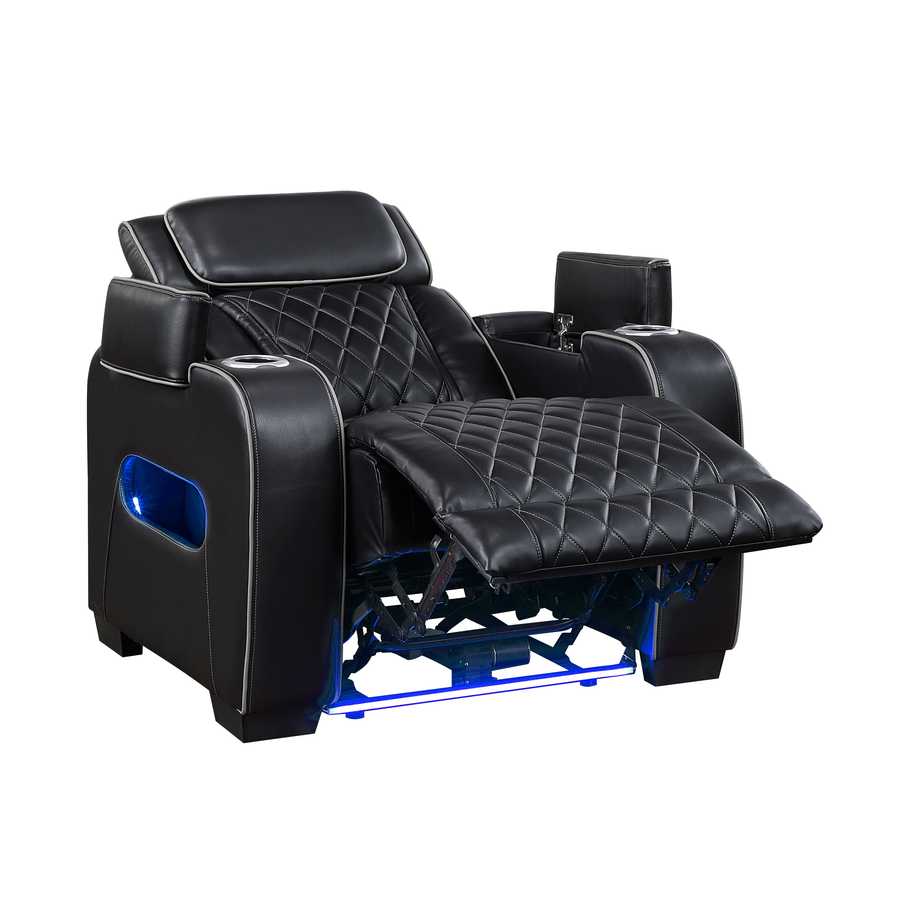 9516BLK-1PWH Power Reclining Chair with Power Headrest, Cup holders and Storage Arms(Top and Side), Charging Ports and LED lighting - 9516BLK-1PWH