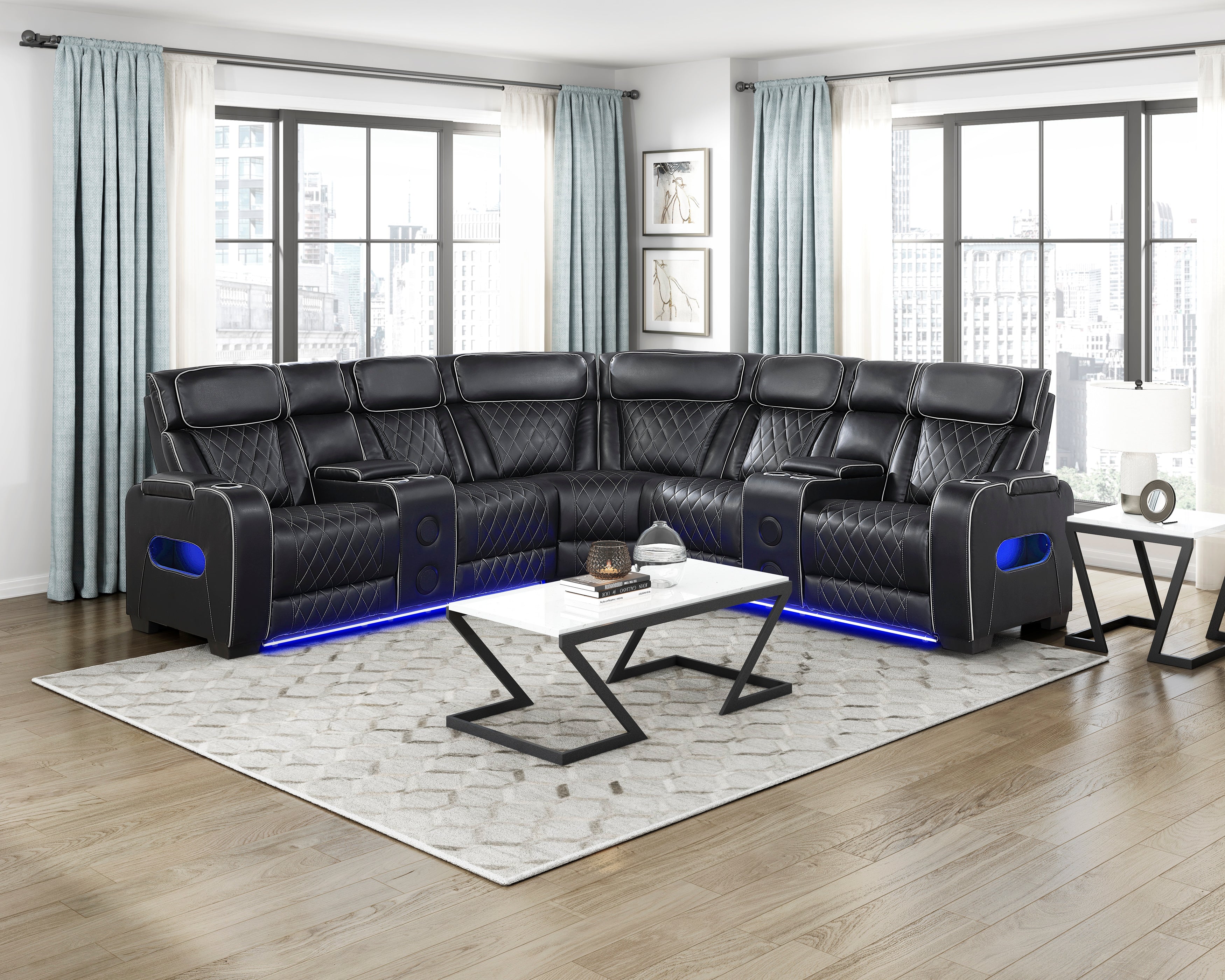 9516BLKS*32LCN2RCNPWH (3)3-Piece Power Reclining Sectional with Consoles, Power Headrests, Storage Arms(Top and Side), Cup holders, Charging Ports, Wireless speakers and LED lighting - 9516BLKS*32LCN2RCNPWH