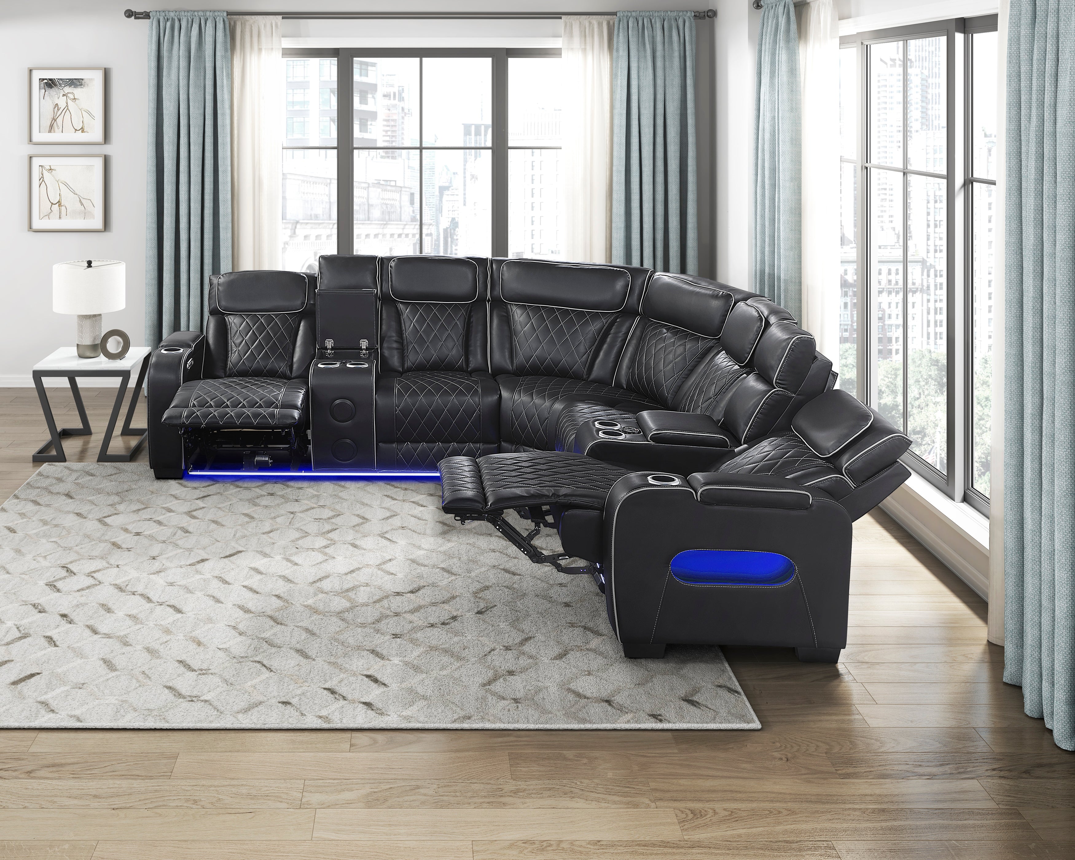 9516BLKS*32LCN2RCNPWH (3)3-Piece Power Reclining Sectional with Consoles, Power Headrests, Storage Arms(Top and Side), Cup holders, Charging Ports, Wireless speakers and LED lighting - 9516BLKS*32LCN2RCNPWH