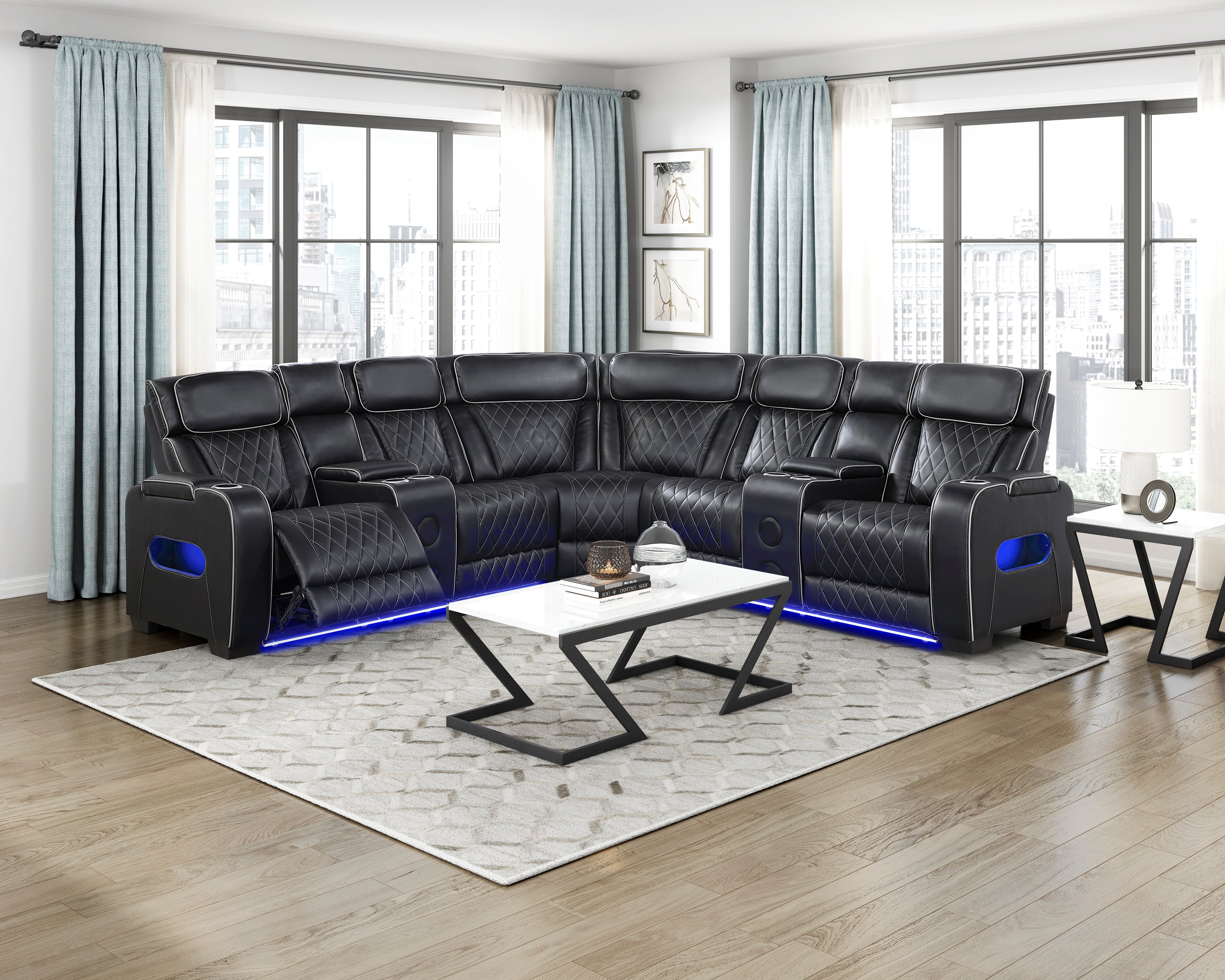 9516BLKS*32LCN2RCNPWH (3)3-Piece Power Reclining Sectional with Consoles, Power Headrests, Storage Arms(Top and Side), Cup holders, Charging Ports, Wireless speakers and LED lighting - 9516BLKS*32LCN2RCNPWH