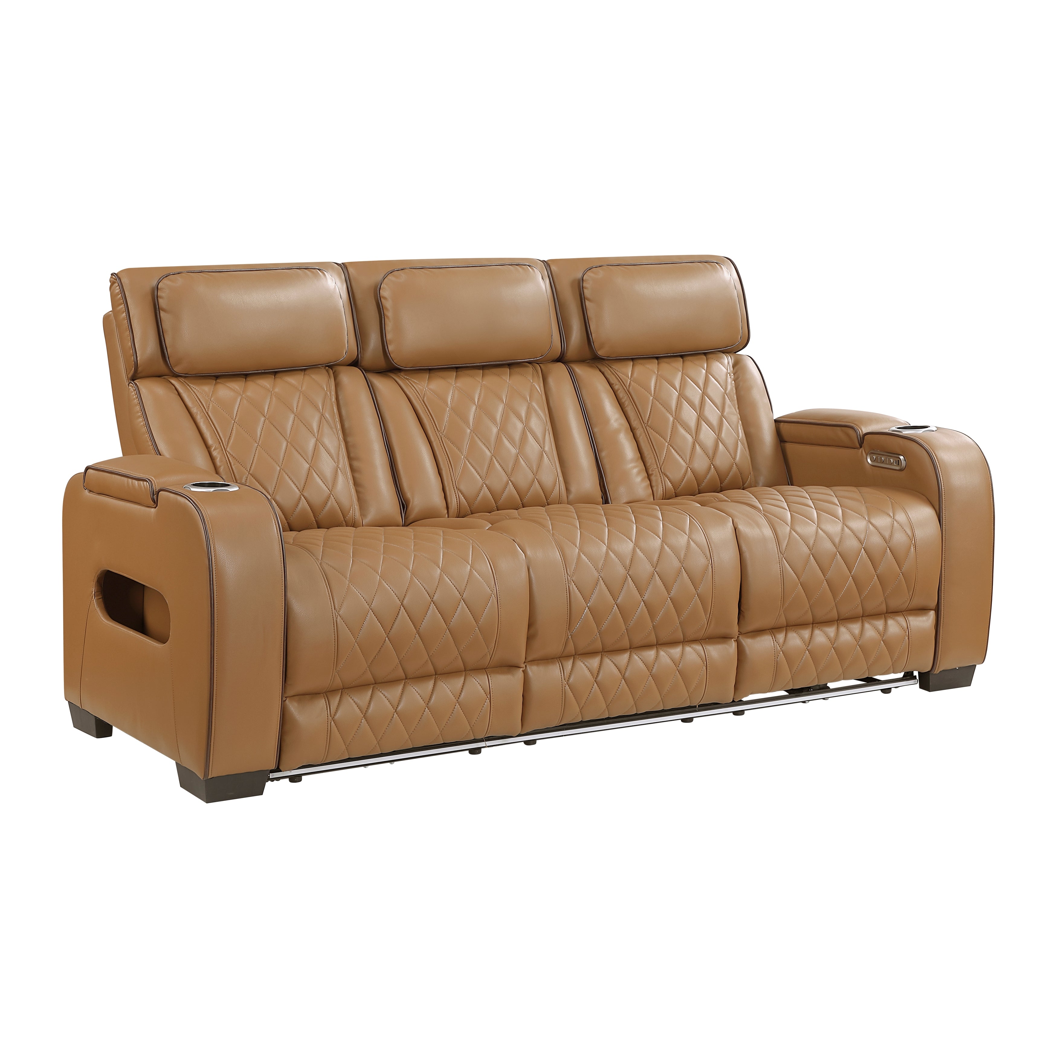 9516BRW-3PWH Power Double Reclining Sofa with Center Drop-Down Cup Holders, Power Headrests, Storage Arms(Top and Side), Cup holders and Reading Lights, Two Wireless Chargers, Charging Ports and LED Lighting - 9516BRW-3PWH