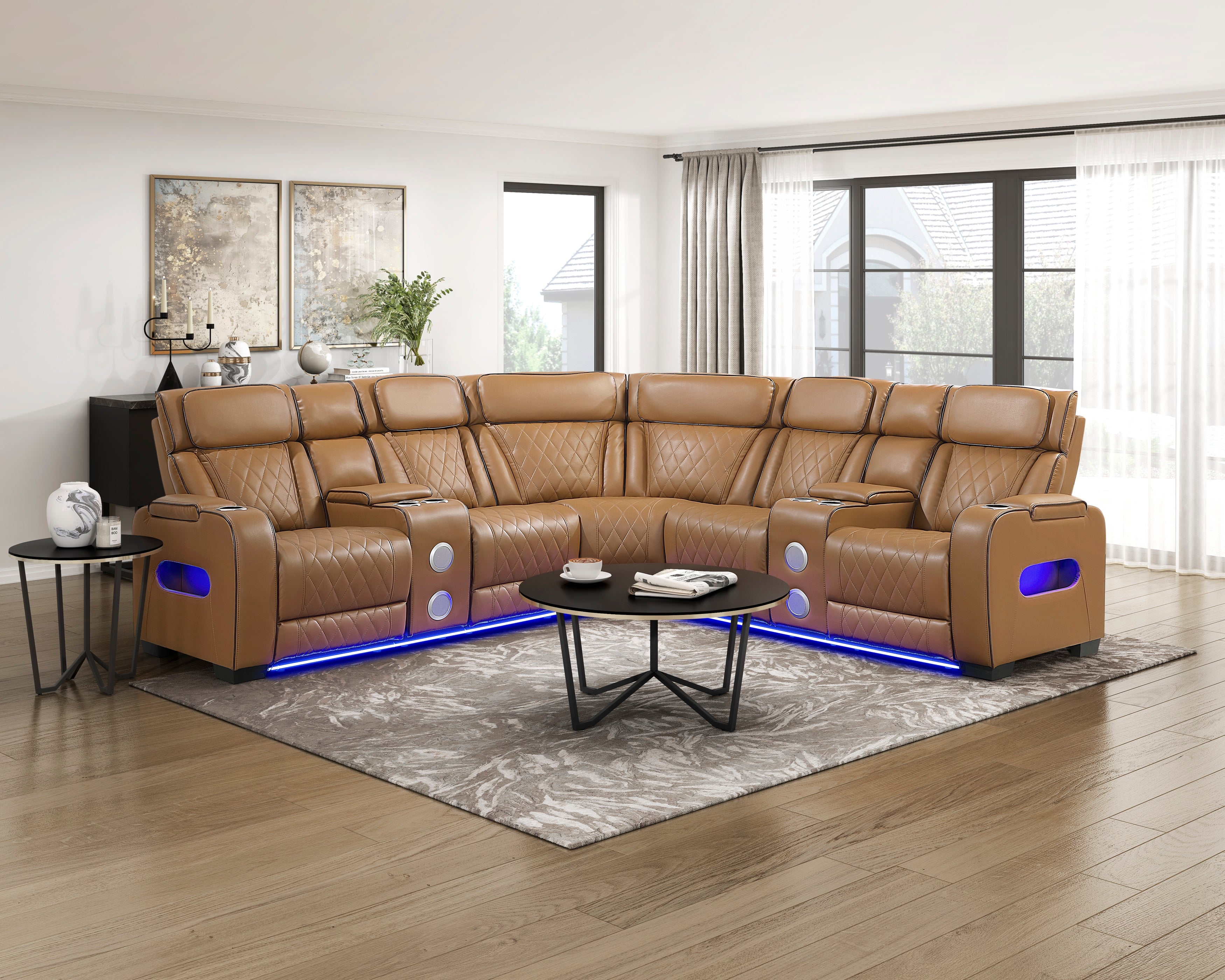 9516BRWS*32LCN2RCNPWH (3)3-Piece Power Reclining Sectional with Consoles, Power Headrests, Storage Arms(Top and Side), Cup holders, Charging Ports, Wireless speakers and LED lighting - 9516BRWS*32LCN2RCNPWH