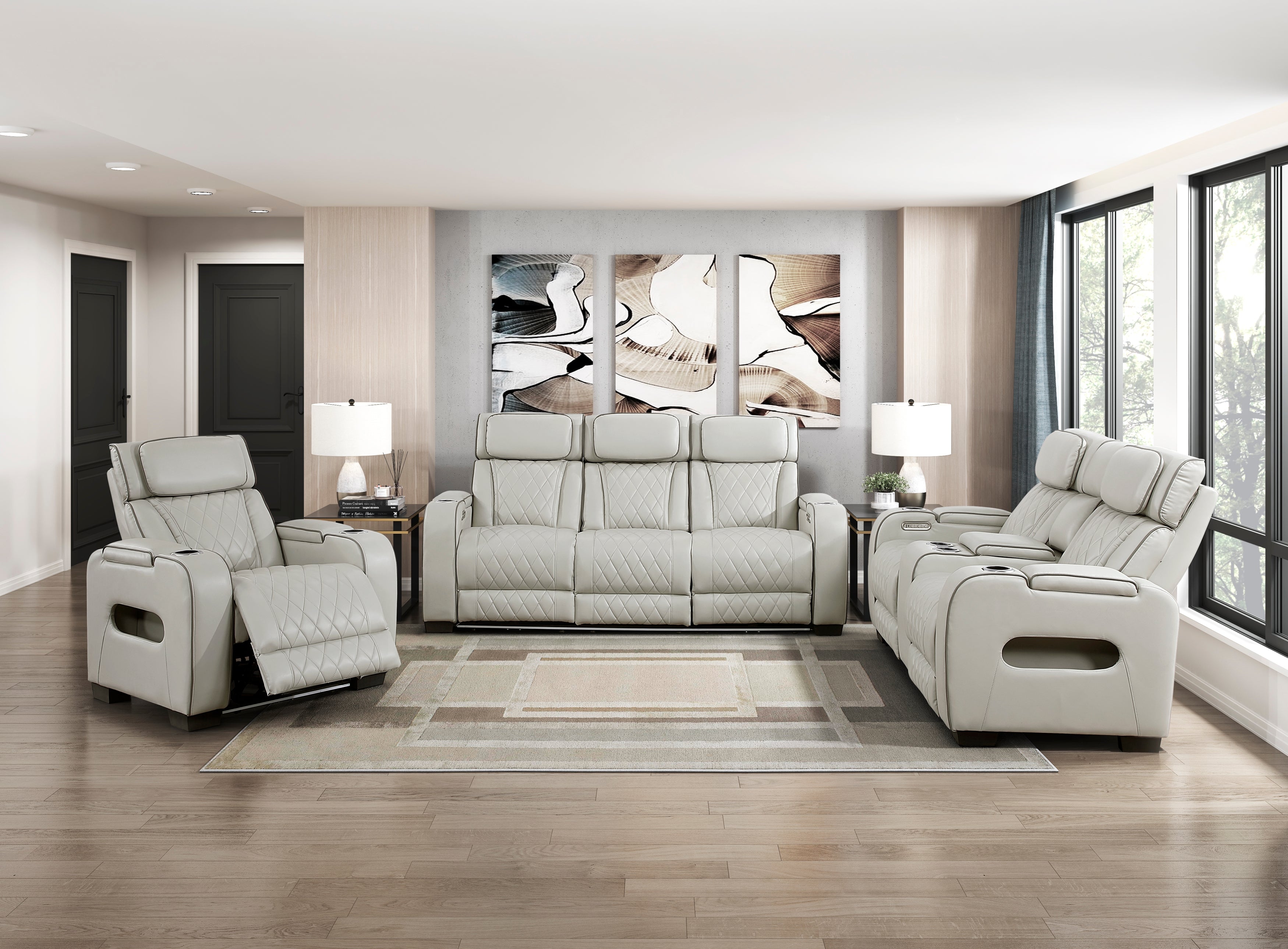 9516TPE-3PWH Power Double Reclining Sofa with Center Drop-Down Cup Holders, Power Headrests, Storage Arms(Top and Side), Cup holders and Reading Lights, Two Wireless Chargers, Charging Ports and LED Lighting - 9516TPE-3PWH