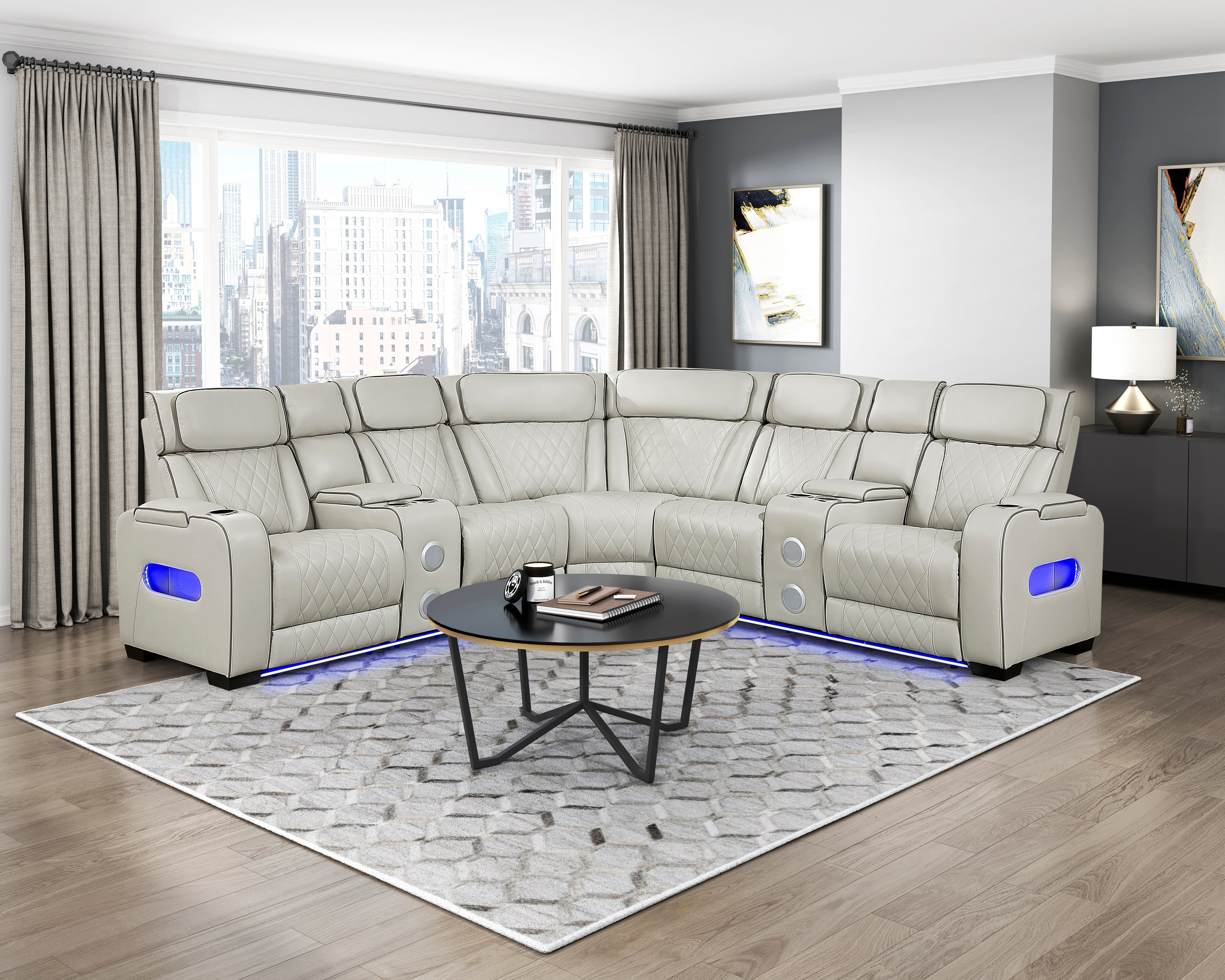 9516TPES*32LCN2RCNPWH (3)3-Piece Power Reclining Sectional with Consoles, Power Headrests, Storage Arms(Top and Side), Cup holders, Charging Ports, Wireless speakers and LED lighting - 9516TPES*32LCN2RCNPWH