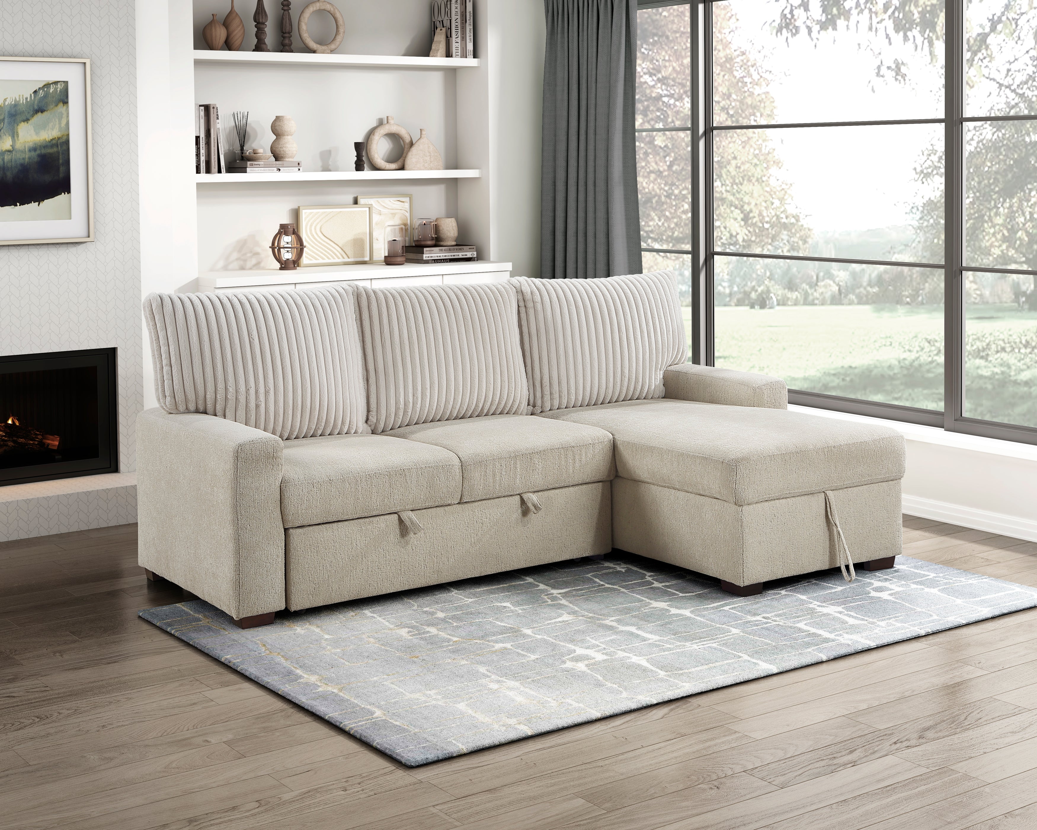9605BE*2LLRC (2)2-Piece Sectional with Right Chaise and Drop-Down Cup holders, Pull-out Bed and Hidden Storage - 9605BE*2LLRC