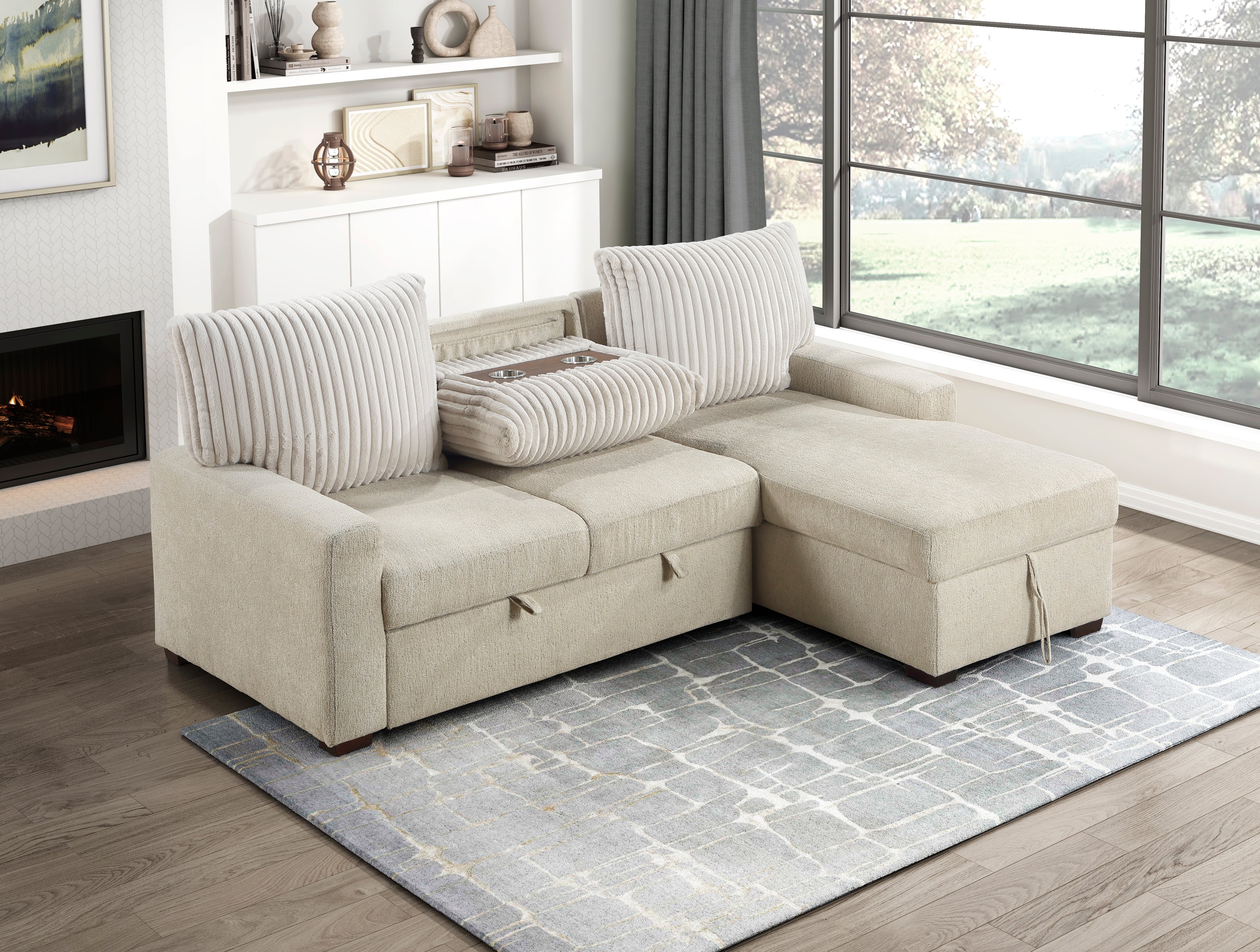 9605BE*2LLRC (2)2-Piece Sectional with Right Chaise and Drop-Down Cup holders, Pull-out Bed and Hidden Storage - 9605BE*2LLRC