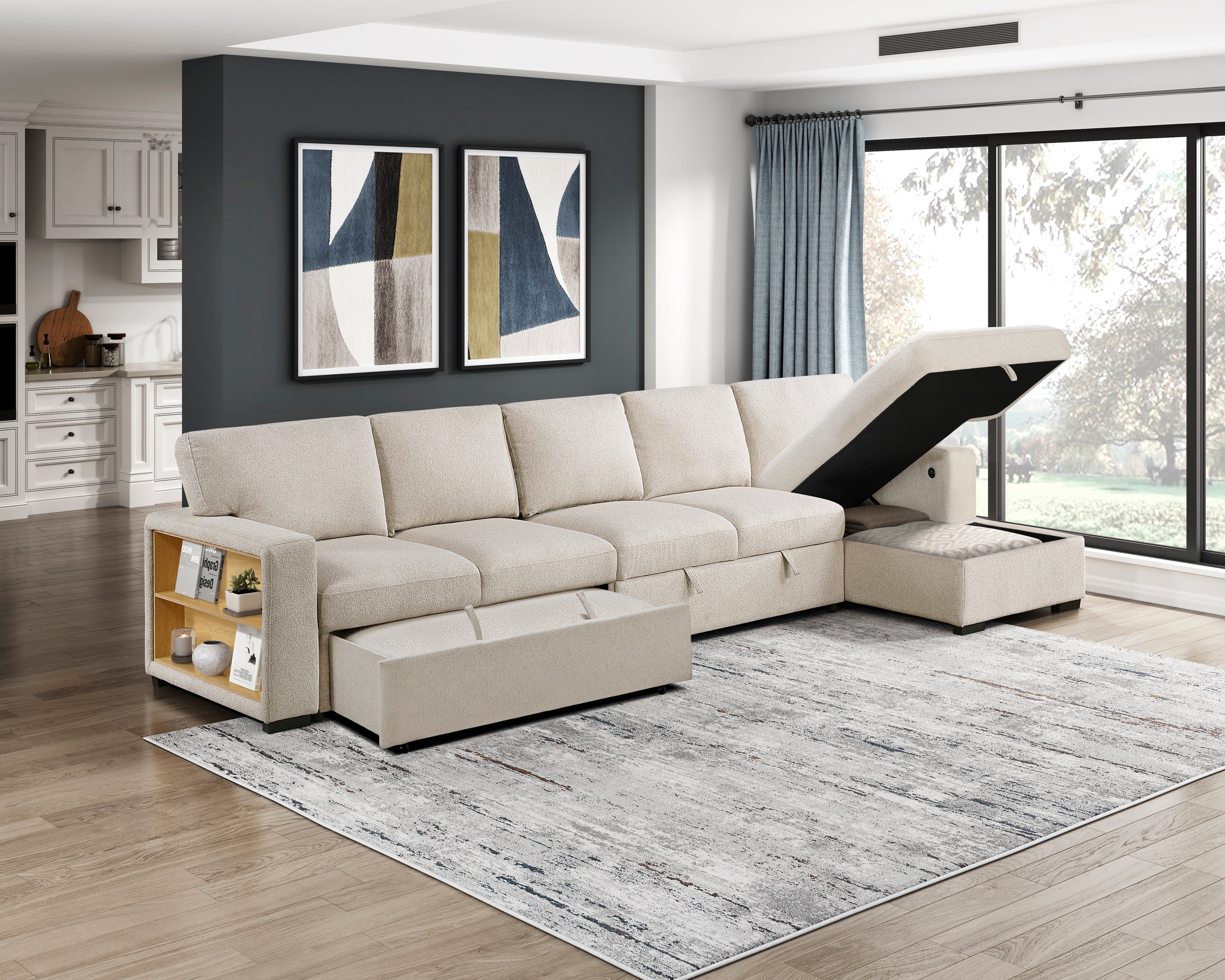 9630BE*32LRC (3)Sectional with Right Chaise, Pull-out Bed and Hidden Storages, Charging Ports - 9630BE*32LRC