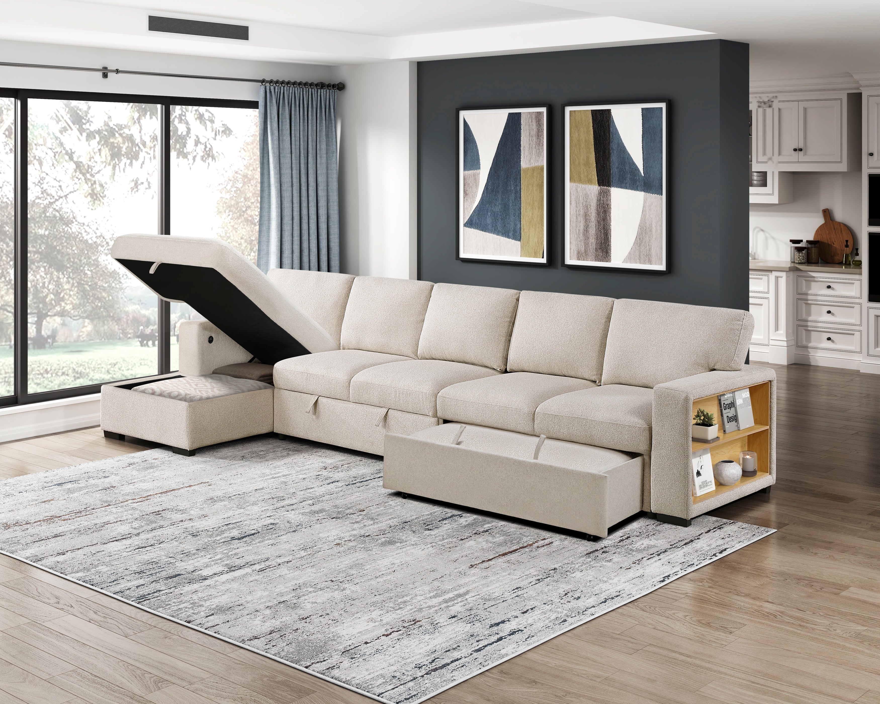 9630BE*3LC2R (3)Sectional with Left Chaise, Pull-out Bed and Hidden Storages, Charging Ports - 9630BE*3LC2R