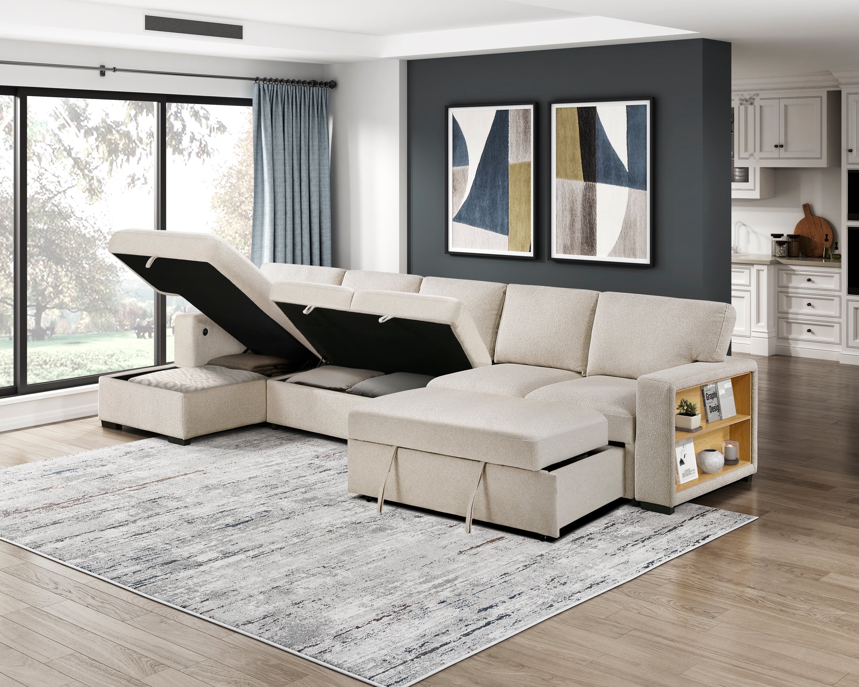 9630BE*3LC2R (3)Sectional with Left Chaise, Pull-out Bed and Hidden Storages, Charging Ports - 9630BE*3LC2R