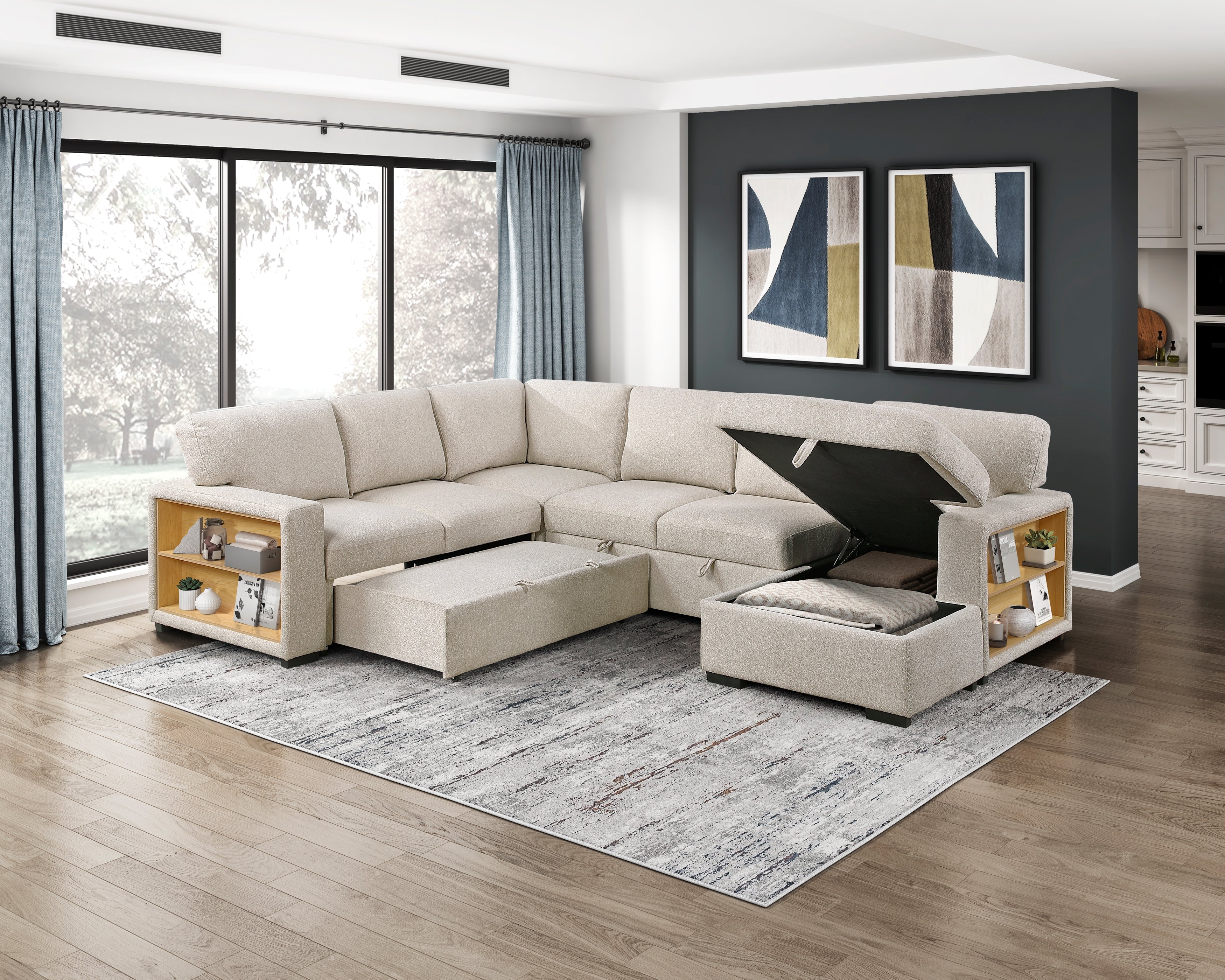 9630BE*42LRC (4)Sectional with Right Chaise, Pull-out Bed and Hidden Storages, Charging Ports - 9630BE*42LRC