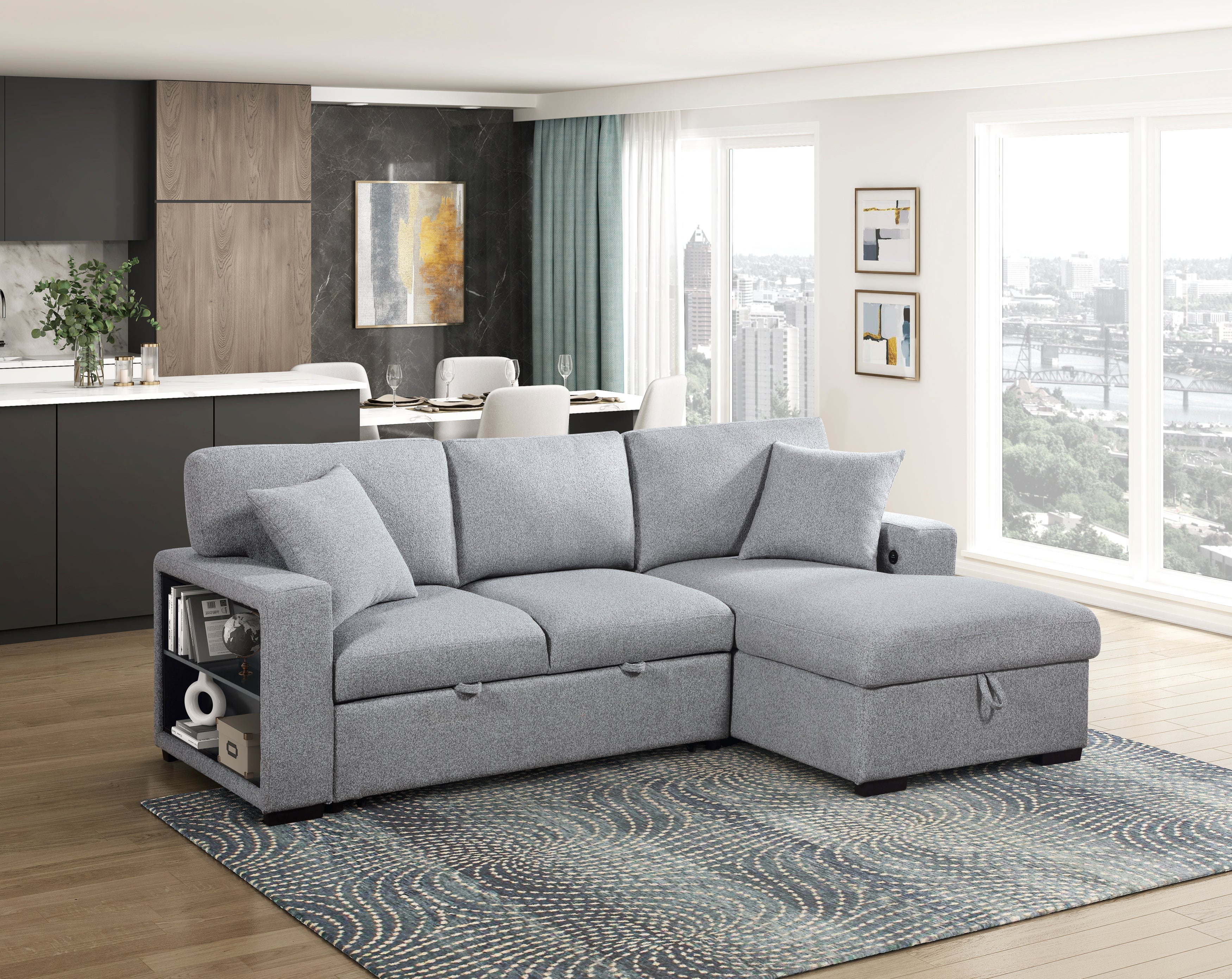 9630GY*22LRC (2)Sectional with Right Chaise, Pull-out Bed and Hidden Storage, Charging Ports - 9630GY*22LRC