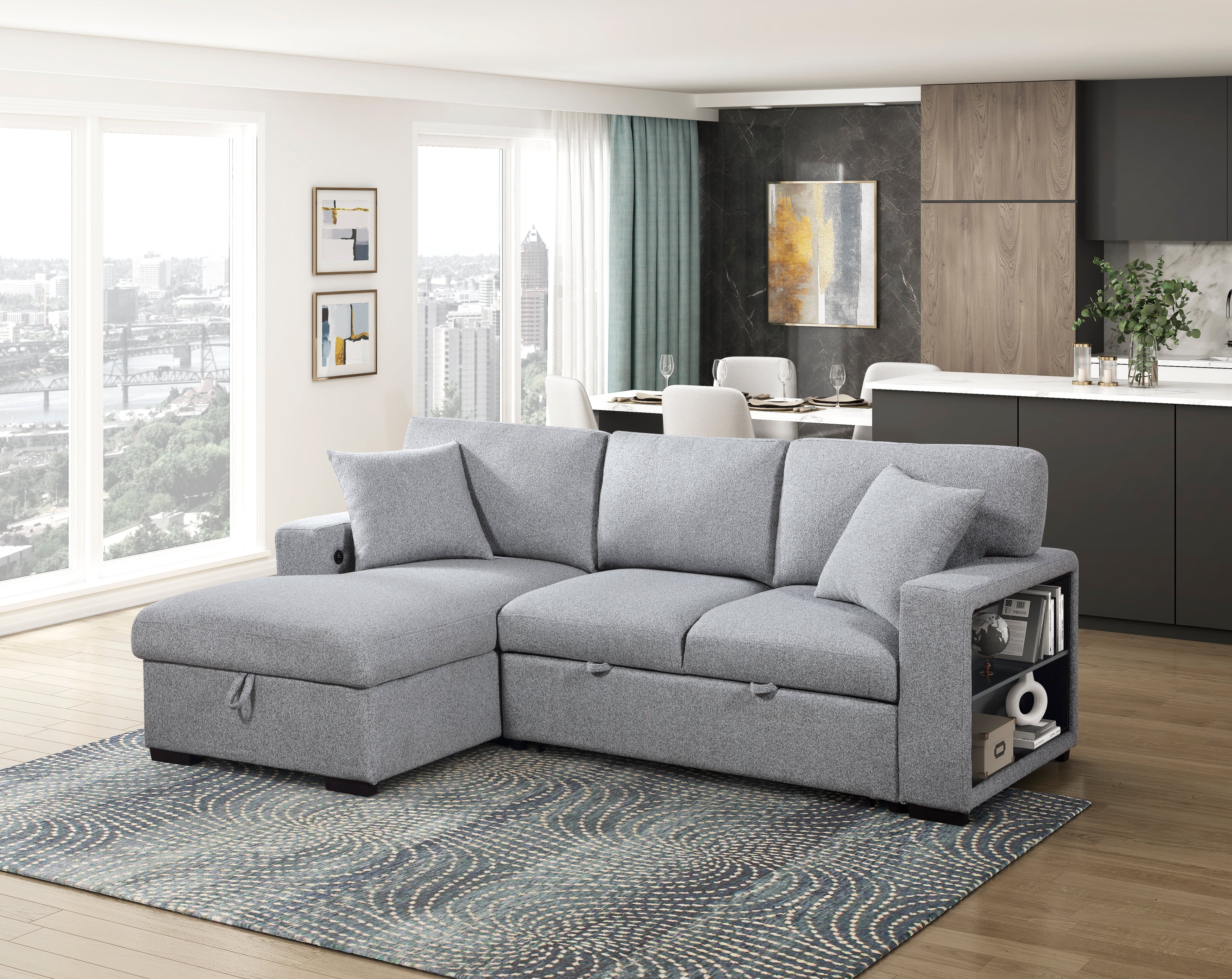 9630GY*2LC2R (2)Sectional with Left Chaise, Pull-out Bed and Hidden Storage, Charging Ports - 9630GY*2LC2R