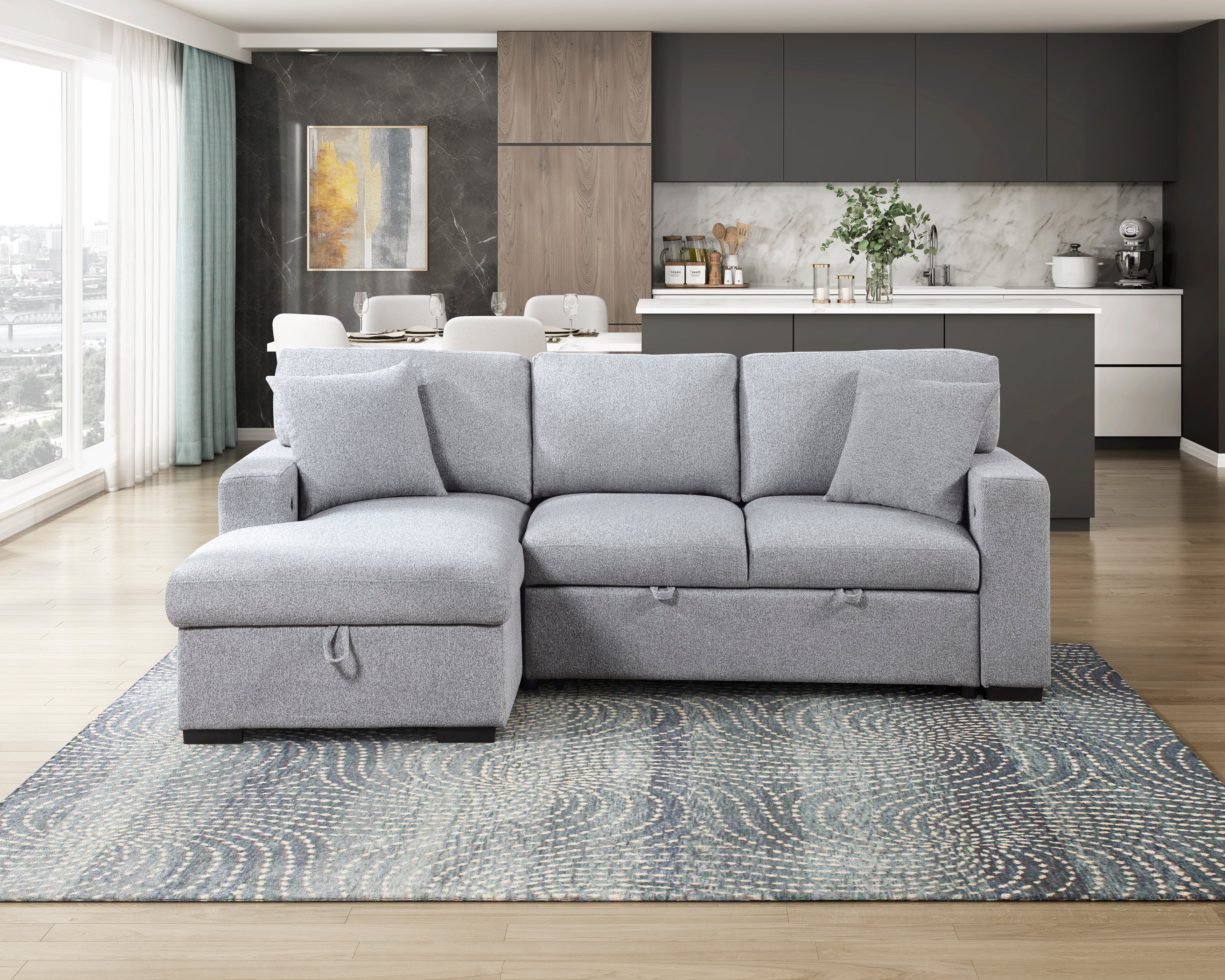 9630GY*2LC2R (2)Sectional with Left Chaise, Pull-out Bed and Hidden Storage, Charging Ports - 9630GY*2LC2R