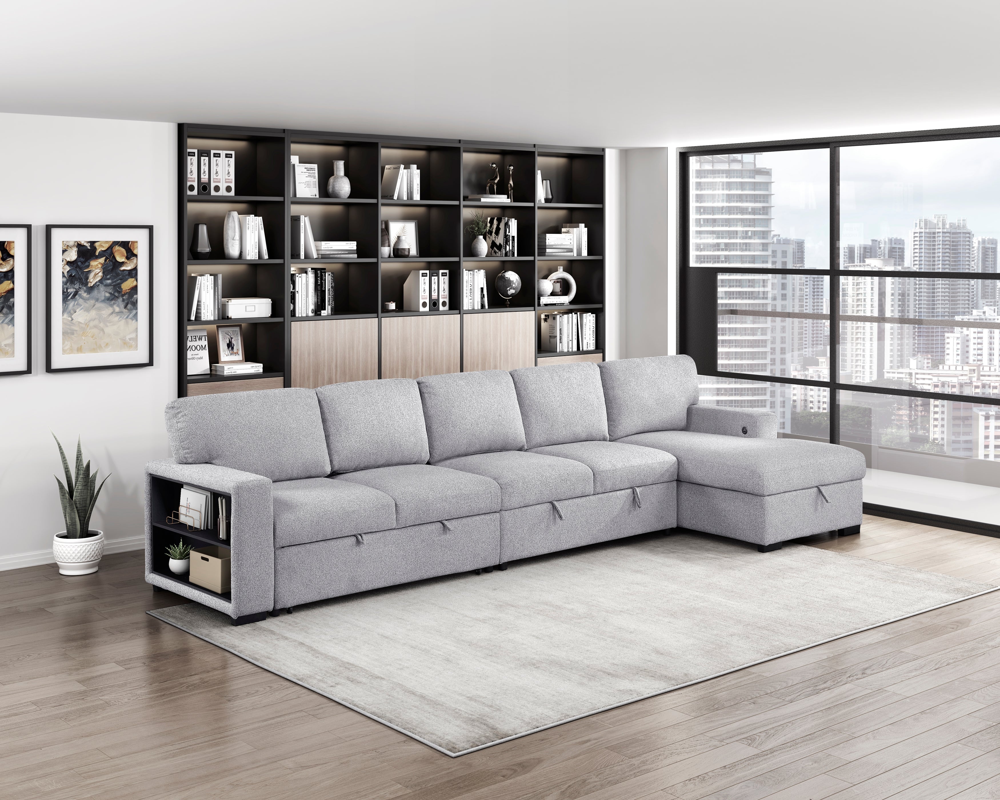 9630GY*32LRC (3)Sectional with Right Chaise, Pull-out Bed and Hidden Storages, Charging Ports - 9630GY*32LRC