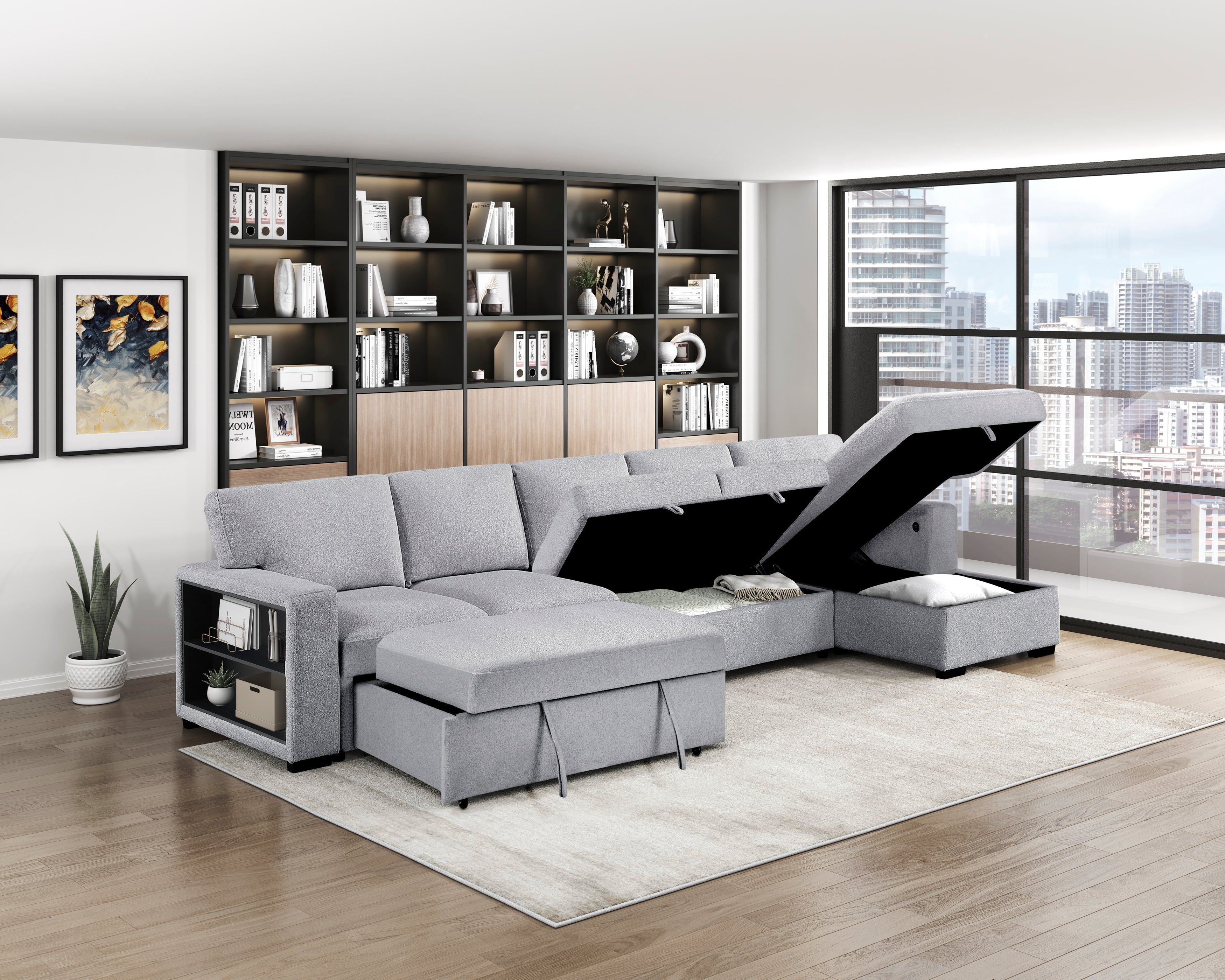 9630GY*32LRC (3)Sectional with Right Chaise, Pull-out Bed and Hidden Storages, Charging Ports - 9630GY*32LRC