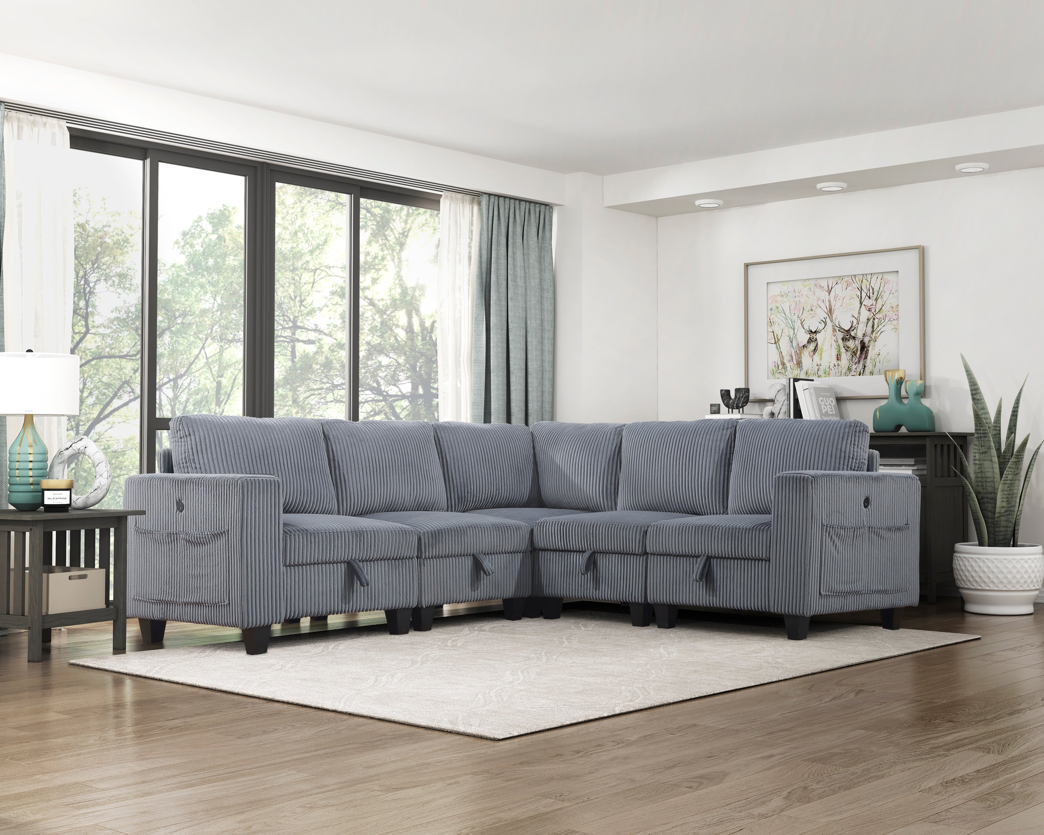 9650NDG*5SC (5)5-Piece Sectional with Storage, Storage Pouches and Charging Ports from Homelegance - Luna Furniture