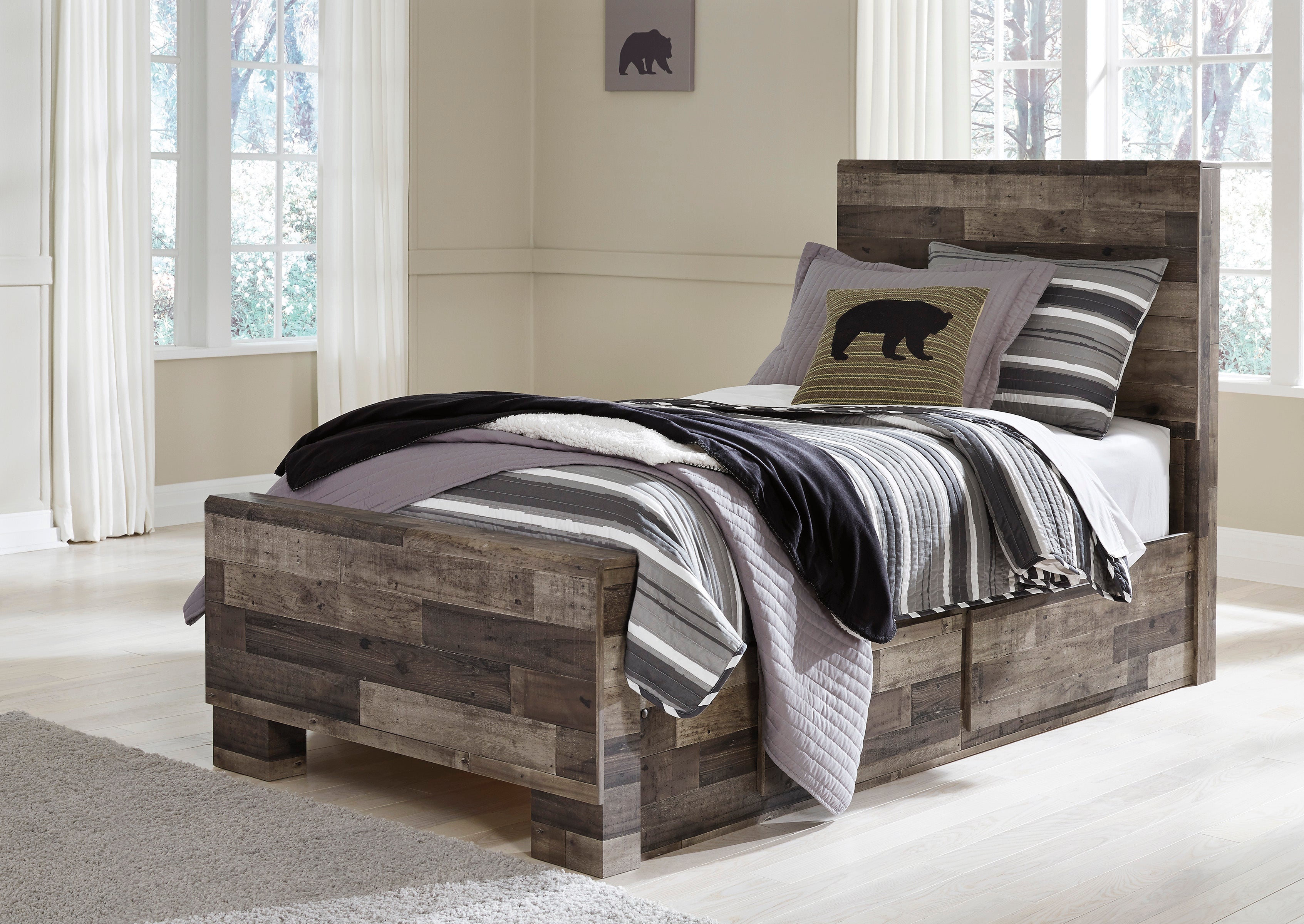 Derekson Multi Gray Twin Panel Bed with 2 Storage Drawers - Ashley - Luna Furniture
