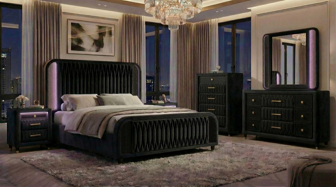Valeria Black Upholstered LED Queen Bed